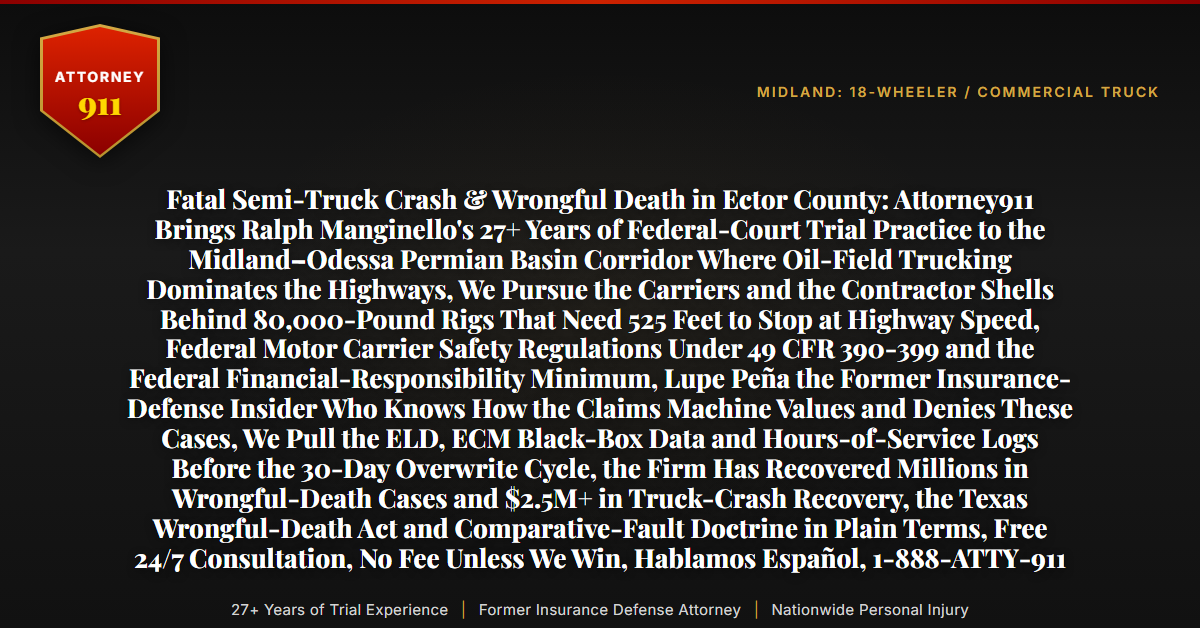Fatal Semi-Truck Crash & Wrongful Death in Ector County: Attorney911 Brings Ralph Manginello's 27+ Years of Federal-Court Trial Practice to the Midland–Odessa Permian Basin Corridor Where Oil-Field Trucking Dominates the Highways, We Pursue the Carriers and the Contractor Shells Behind 80,000-Pound Rigs That Need 525 Feet to Stop at Highway Speed, Federal Motor Carrier Safety Regulations Under 49 CFR 390-399 and the Federal Financial-Responsibility Minimum, Lupe Peña the Former Insurance-Defense Insider Who Knows How the Claims Machine Values and Denies These Cases, We Pull the ELD, ECM Black-Box Data and Hours-of-Service Logs Before the 30-Day Overwrite Cycle, the Firm Has Recovered Millions in Wrongful-Death Cases and $2.5M+ in Truck-Crash Recovery, the Texas Wrongful-Death Act and Comparative-Fault Doctrine in Plain Terms, Free 24/7 Consultation, No Fee Unless We Win, Hablamos Español, 1-888-ATTY-911 - Attorney911