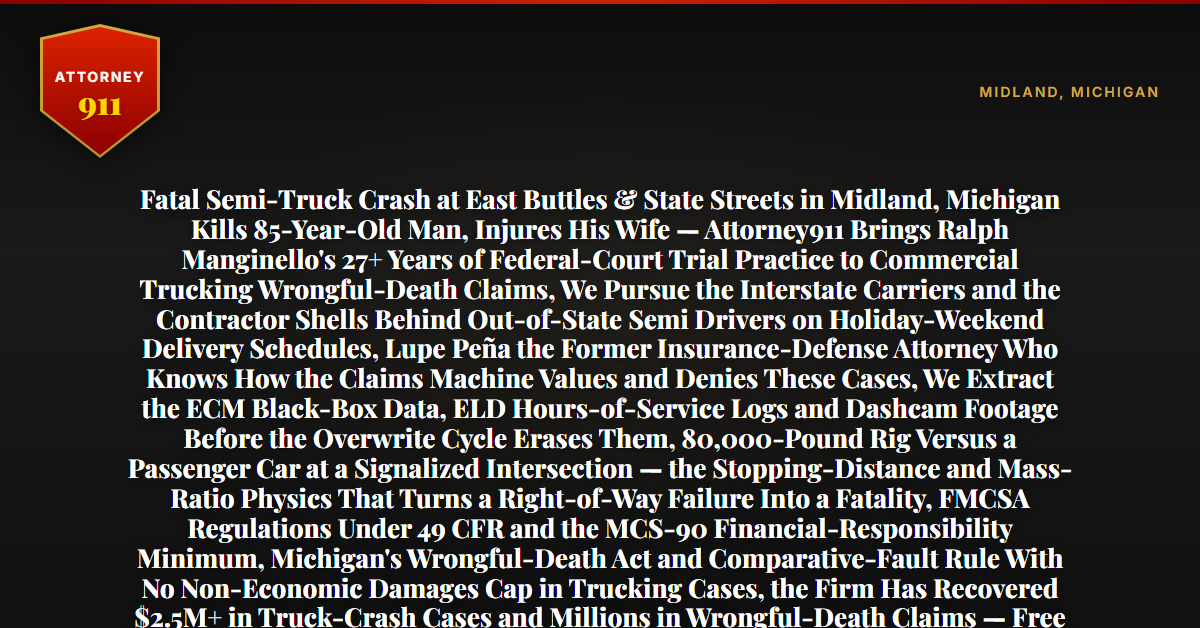 Fatal Semi-Truck Crash at East Buttles & State Streets in Midland, Michigan Kills 85-Year-Old Man, Injures His Wife — Attorney911 Brings Ralph Manginello's 27+ Years of Federal-Court Trial Practice to Commercial Trucking Wrongful-Death Claims, We Pursue the Interstate Carriers and the Contractor Shells Behind Out-of-State Semi Drivers on Holiday-Weekend Delivery Schedules, Lupe Peña the Former Insurance-Defense Attorney Who Knows How the Claims Machine Values and Denies These Cases, We Extract the ECM Black-Box Data, ELD Hours-of-Service Logs and Dashcam Footage Before the Overwrite Cycle Erases Them, 80,000-Pound Rig Versus a Passenger Car at a Signalized Intersection — the Stopping-Distance and Mass-Ratio Physics That Turns a Right-of-Way Failure Into a Fatality, FMCSA Regulations Under 49 CFR and the MCS-90 Financial-Responsibility Minimum, Michigan's Wrongful-Death Act and Comparative-Fault Rule With No Non-Economic Damages Cap in Trucking Cases, the Firm Has Recovered $2.5M+ in Truck-Crash Cases and Millions in Wrongful-Death Claims — Free 24/7 Consultation, No Fee Unless We Win, Hablamos Español, 1-888-ATTY-911 - Attorney911