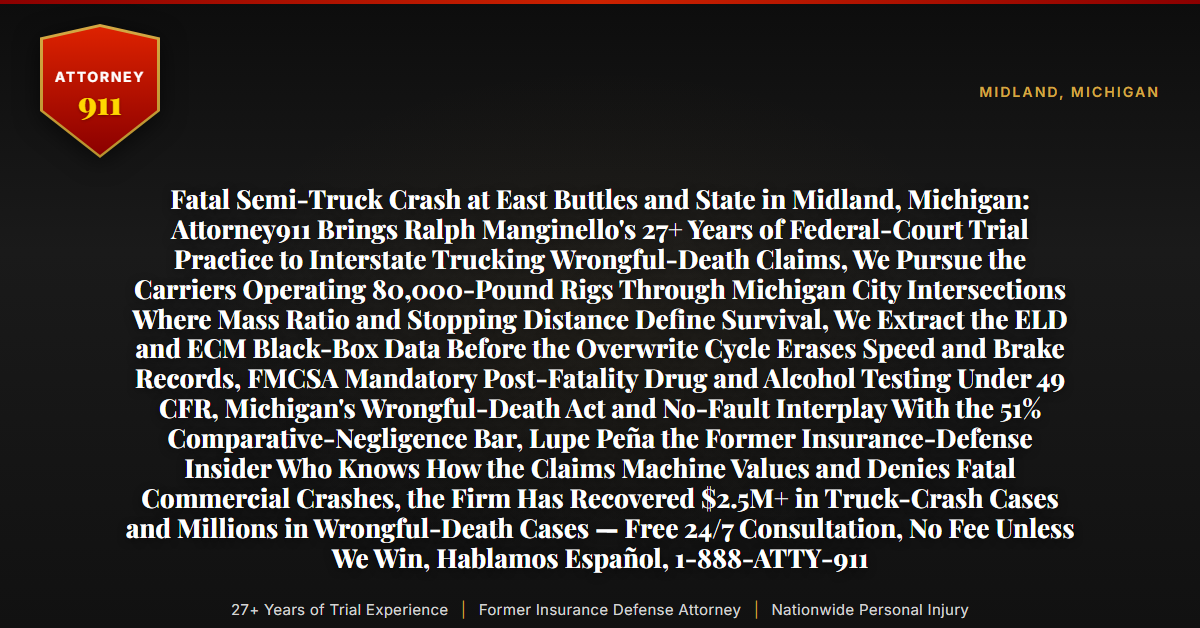 Fatal Semi-Truck Crash at East Buttles and State in Midland, Michigan: Attorney911 Brings Ralph Manginello's 27+ Years of Federal-Court Trial Practice to Interstate Trucking Wrongful-Death Claims, We Pursue the Carriers Operating 80,000-Pound Rigs Through Michigan City Intersections Where Mass Ratio and Stopping Distance Define Survival, We Extract the ELD and ECM Black-Box Data Before the Overwrite Cycle Erases Speed and Brake Records, FMCSA Mandatory Post-Fatality Drug and Alcohol Testing Under 49 CFR, Michigan's Wrongful-Death Act and No-Fault Interplay With the 51% Comparative-Negligence Bar, Lupe Peña the Former Insurance-Defense Insider Who Knows How the Claims Machine Values and Denies Fatal Commercial Crashes, the Firm Has Recovered $2.5M+ in Truck-Crash Cases and Millions in Wrongful-Death Cases — Free 24/7 Consultation, No Fee Unless We Win, Hablamos Español, 1-888-ATTY-911 - Attorney911
