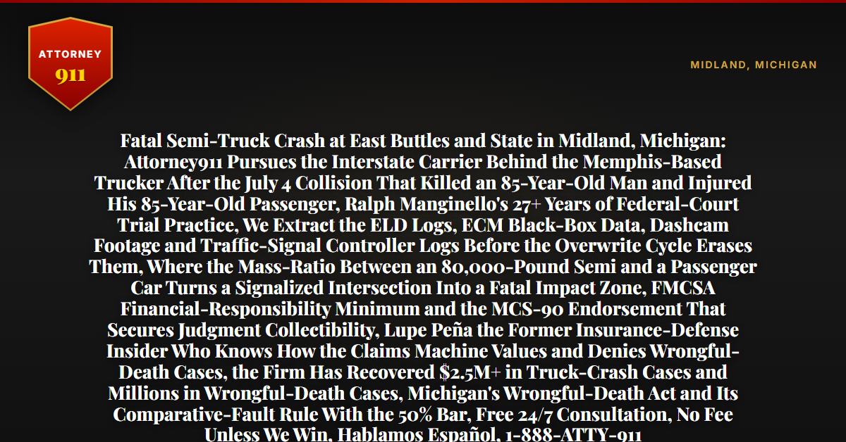 Fatal Semi-Truck Crash at East Buttles and State in Midland, Michigan: Attorney911 Pursues the Interstate Carrier Behind the Memphis-Based Trucker After the July 4 Collision That Killed an 85-Year-Old Man and Injured His 85-Year-Old Passenger, Ralph Manginello's 27+ Years of Federal-Court Trial Practice, We Extract the ELD Logs, ECM Black-Box Data, Dashcam Footage and Traffic-Signal Controller Logs Before the Overwrite Cycle Erases Them, Where the Mass-Ratio Between an 80,000-Pound Semi and a Passenger Car Turns a Signalized Intersection Into a Fatal Impact Zone, FMCSA Financial-Responsibility Minimum and the MCS-90 Endorsement That Secures Judgment Collectibility, Lupe Peña the Former Insurance-Defense Insider Who Knows How the Claims Machine Values and Denies Wrongful-Death Cases, the Firm Has Recovered $2.5M+ in Truck-Crash Cases and Millions in Wrongful-Death Cases, Michigan's Wrongful-Death Act and Its Comparative-Fault Rule With the 50% Bar, Free 24/7 Consultation, No Fee Unless We Win, Hablamos Español, 1-888-ATTY-911 - Attorney911