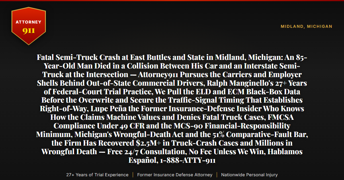 Fatal Semi-Truck Crash at East Buttles and State in Midland, Michigan: An 85-Year-Old Man Died in a Collision Between His Car and an Interstate Semi-Truck at the Intersection — Attorney911 Pursues the Carriers and Employer Shells Behind Out-of-State Commercial Drivers, Ralph Manginello's 27+ Years of Federal-Court Trial Practice, We Pull the ELD and ECM Black-Box Data Before the Overwrite and Secure the Traffic-Signal Timing That Establishes Right-of-Way, Lupe Peña the Former Insurance-Defense Insider Who Knows How the Claims Machine Values and Denies Fatal Truck Cases, FMCSA Compliance Under 49 CFR and the MCS-90 Financial-Responsibility Minimum, Michigan's Wrongful-Death Act and the 51% Comparative-Fault Bar, the Firm Has Recovered $2.5M+ in Truck-Crash Cases and Millions in Wrongful Death — Free 24/7 Consultation, No Fee Unless We Win, Hablamos Español, 1-888-ATTY-911 - Attorney911