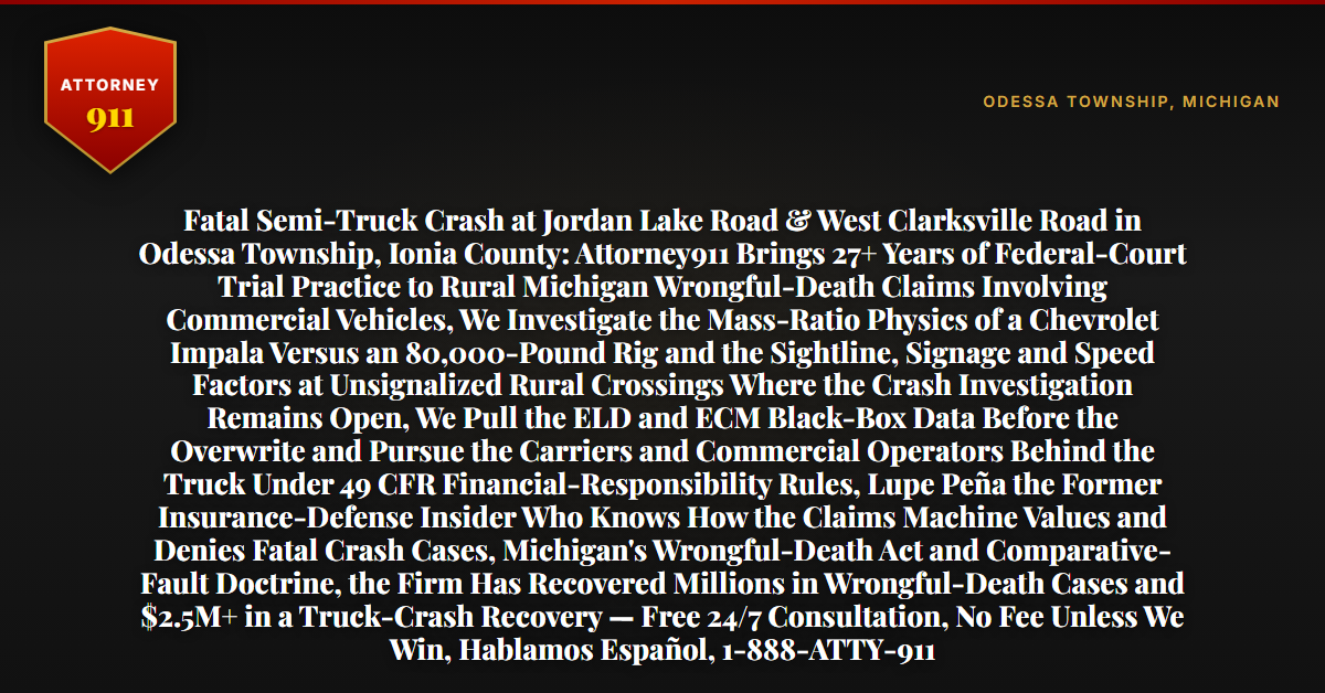 Fatal Semi-Truck Crash at Jordan Lake Road & West Clarksville Road in Odessa Township, Ionia County: Attorney911 Brings 27+ Years of Federal-Court Trial Practice to Rural Michigan Wrongful-Death Claims Involving Commercial Vehicles, We Investigate the Mass-Ratio Physics of a Chevrolet Impala Versus an 80,000-Pound Rig and the Sightline, Signage and Speed Factors at Unsignalized Rural Crossings Where the Crash Investigation Remains Open, We Pull the ELD and ECM Black-Box Data Before the Overwrite and Pursue the Carriers and Commercial Operators Behind the Truck Under 49 CFR Financial-Responsibility Rules, Lupe Peña the Former Insurance-Defense Insider Who Knows How the Claims Machine Values and Denies Fatal Crash Cases, Michigan's Wrongful-Death Act and Comparative-Fault Doctrine, the Firm Has Recovered Millions in Wrongful-Death Cases and $2.5M+ in a Truck-Crash Recovery — Free 24/7 Consultation, No Fee Unless We Win, Hablamos Español, 1-888-ATTY-911 - Attorney911