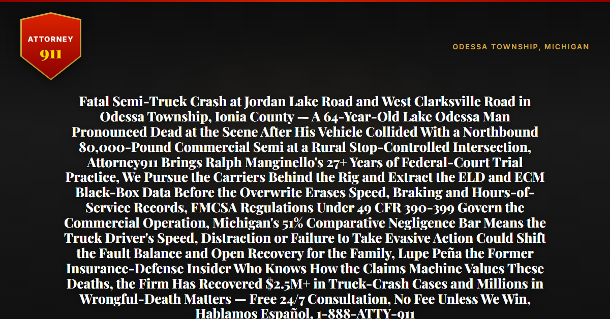 Fatal Semi-Truck Crash at Jordan Lake Road and West Clarksville Road in Odessa Township, Ionia County — A 64-Year-Old Lake Odessa Man Pronounced Dead at the Scene After His Vehicle Collided With a Northbound 80,000-Pound Commercial Semi at a Rural Stop-Controlled Intersection, Attorney911 Brings Ralph Manginello's 27+ Years of Federal-Court Trial Practice, We Pursue the Carriers Behind the Rig and Extract the ELD and ECM Black-Box Data Before the Overwrite Erases Speed, Braking and Hours-of-Service Records, FMCSA Regulations Under 49 CFR 390-399 Govern the Commercial Operation, Michigan's 51% Comparative Negligence Bar Means the Truck Driver's Speed, Distraction or Failure to Take Evasive Action Could Shift the Fault Balance and Open Recovery for the Family, Lupe Peña the Former Insurance-Defense Insider Who Knows How the Claims Machine Values These Deaths, the Firm Has Recovered $2.5M+ in Truck-Crash Cases and Millions in Wrongful-Death Matters — Free 24/7 Consultation, No Fee Unless We Win, Hablamos Español, 1-888-ATTY-911 - Attorney911