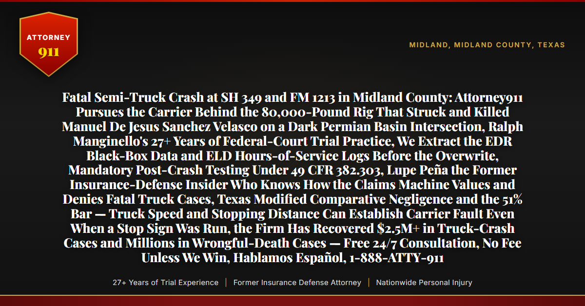 Fatal Semi-Truck Crash at SH 349 and FM 1213 in Midland County: Attorney911 Pursues the Carrier Behind the 80,000-Pound Rig That Struck and Killed Manuel De Jesus Sanchez Velasco on a Dark Permian Basin Intersection, Ralph Manginello's 27+ Years of Federal-Court Trial Practice, We Extract the EDR Black-Box Data and ELD Hours-of-Service Logs Before the Overwrite, Mandatory Post-Crash Testing Under 49 CFR 382.303, Lupe Peña the Former Insurance-Defense Insider Who Knows How the Claims Machine Values and Denies Fatal Truck Cases, Texas Modified Comparative Negligence and the 51% Bar — Truck Speed and Stopping Distance Can Establish Carrier Fault Even When a Stop Sign Was Run, the Firm Has Recovered $2.5M+ in Truck-Crash Cases and Millions in Wrongful-Death Cases — Free 24/7 Consultation, No Fee Unless We Win, Hablamos Español, 1-888-ATTY-911 - Attorney911