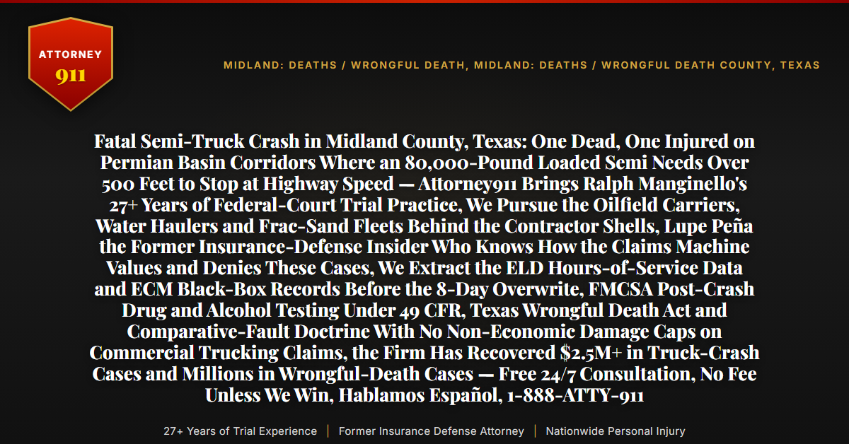 Fatal Semi-Truck Crash in Midland County, Texas: One Dead, One Injured on Permian Basin Corridors Where an 80,000-Pound Loaded Semi Needs Over 500 Feet to Stop at Highway Speed — Attorney911 Brings Ralph Manginello's 27+ Years of Federal-Court Trial Practice, We Pursue the Oilfield Carriers, Water Haulers and Frac-Sand Fleets Behind the Contractor Shells, Lupe Peña the Former Insurance-Defense Insider Who Knows How the Claims Machine Values and Denies These Cases, We Extract the ELD Hours-of-Service Data and ECM Black-Box Records Before the 8-Day Overwrite, FMCSA Post-Crash Drug and Alcohol Testing Under 49 CFR, Texas Wrongful Death Act and Comparative-Fault Doctrine With No Non-Economic Damage Caps on Commercial Trucking Claims, the Firm Has Recovered $2.5M+ in Truck-Crash Cases and Millions in Wrongful-Death Cases — Free 24/7 Consultation, No Fee Unless We Win, Hablamos Español, 1-888-ATTY-911 - Attorney911