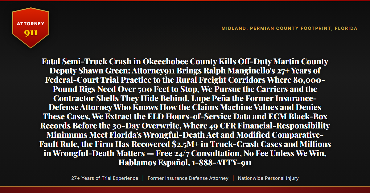 Fatal Semi-Truck Crash in Okeechobee County Kills Off-Duty Martin County Deputy Shawn Green: Attorney911 Brings Ralph Manginello's 27+ Years of Federal-Court Trial Practice to the Rural Freight Corridors Where 80,000-Pound Rigs Need Over 500 Feet to Stop, We Pursue the Carriers and the Contractor Shells They Hide Behind, Lupe Peña the Former Insurance-Defense Attorney Who Knows How the Claims Machine Values and Denies These Cases, We Extract the ELD Hours-of-Service Data and ECM Black-Box Records Before the 30-Day Overwrite, Where 49 CFR Financial-Responsibility Minimums Meet Florida's Wrongful-Death Act and Modified Comparative-Fault Rule, the Firm Has Recovered $2.5M+ in Truck-Crash Cases and Millions in Wrongful-Death Matters — Free 24/7 Consultation, No Fee Unless We Win, Hablamos Español, 1-888-ATTY-911 - Attorney911