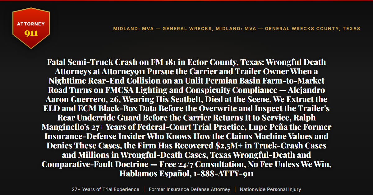 Fatal Semi-Truck Crash on FM 181 in Ector County, Texas: Wrongful Death Attorneys at Attorney911 Pursue the Carrier and Trailer Owner When a Nighttime Rear-End Collision on an Unlit Permian Basin Farm-to-Market Road Turns on FMCSA Lighting and Conspicuity Compliance — Alejandro Aaron Guerrero, 26, Wearing His Seatbelt, Died at the Scene, We Extract the ELD and ECM Black-Box Data Before the Overwrite and Inspect the Trailer's Rear Underride Guard Before the Carrier Returns It to Service, Ralph Manginello's 27+ Years of Federal-Court Trial Practice, Lupe Peña the Former Insurance-Defense Insider Who Knows How the Claims Machine Values and Denies These Cases, the Firm Has Recovered $2.5M+ in Truck-Crash Cases and Millions in Wrongful-Death Cases, Texas Wrongful-Death and Comparative-Fault Doctrine — Free 24/7 Consultation, No Fee Unless We Win, Hablamos Español, 1-888-ATTY-911 - Attorney911