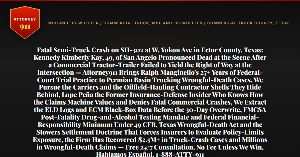 Fatal Semi-Truck Crash on SH-302 at W. Yukon Ave in Ector County, Texas: Kennedy Kimberly Kay, 49, of San Angelo Pronounced Dead at the Scene After a Commercial Tractor-Trailer Failed to Yield the Right of Way at the Intersection — Attorney911 Brings Ralph Manginello's 27+ Years of Federal-Court Trial Practice to Permian Basin Trucking Wrongful-Death Cases, We Pursue the Carriers and the Oilfield-Hauling Contractor Shells They Hide Behind, Lupe Peña the Former Insurance-Defense Insider Who Knows How the Claims Machine Values and Denies Fatal Commercial Crashes, We Extract the ELD Logs and ECM Black-Box Data Before the 30-Day Overwrite, FMCSA Post-Fatality Drug-and-Alcohol Testing Mandate and Federal Financial-Responsibility Minimum Under 49 CFR, Texas Wrongful-Death Act and the Stowers Settlement Doctrine That Forces Insurers to Evaluate Policy-Limits Exposure, the Firm Has Recovered $2.5M+ in Truck-Crash Cases and Millions in Wrongful-Death Claims — Free 24/7 Consultation, No Fee Unless We Win, Hablamos Español, 1-888-ATTY-911 - Attorney911