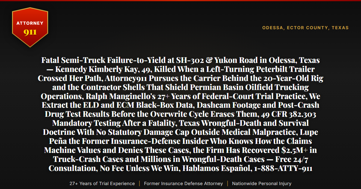 Fatal Semi-Truck Failure-to-Yield at SH-302 & Yukon Road in Odessa, Texas — Kennedy Kimberly Kay, 49, Killed When a Left-Turning Peterbilt Trailer Crossed Her Path, Attorney911 Pursues the Carrier Behind the 20-Year-Old Rig and the Contractor Shells That Shield Permian Basin Oilfield Trucking Operations, Ralph Manginello's 27+ Years of Federal-Court Trial Practice, We Extract the ELD and ECM Black-Box Data, Dashcam Footage and Post-Crash Drug Test Results Before the Overwrite Cycle Erases Them, 49 CFR 382.303 Mandatory Testing After a Fatality, Texas Wrongful-Death and Survival Doctrine With No Statutory Damage Cap Outside Medical Malpractice, Lupe Peña the Former Insurance-Defense Insider Who Knows How the Claims Machine Values and Denies These Cases, the Firm Has Recovered $2.5M+ in Truck-Crash Cases and Millions in Wrongful-Death Cases — Free 24/7 Consultation, No Fee Unless We Win, Hablamos Español, 1-888-ATTY-911 - Attorney911