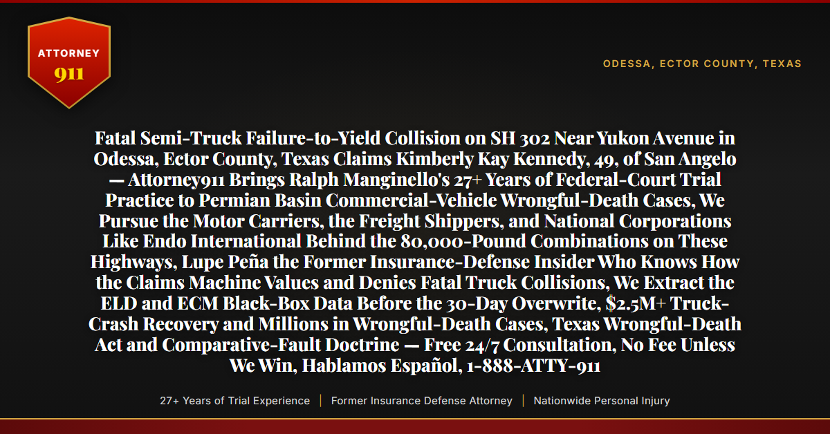 Fatal Semi-Truck Failure-to-Yield Collision on SH 302 Near Yukon Avenue in Odessa, Ector County, Texas Claims Kimberly Kay Kennedy, 49, of San Angelo — Attorney911 Brings Ralph Manginello's 27+ Years of Federal-Court Trial Practice to Permian Basin Commercial-Vehicle Wrongful-Death Cases, We Pursue the Motor Carriers, the Freight Shippers, and National Corporations Like Endo International Behind the 80,000-Pound Combinations on These Highways, Lupe Peña the Former Insurance-Defense Insider Who Knows How the Claims Machine Values and Denies Fatal Truck Collisions, We Extract the ELD and ECM Black-Box Data Before the 30-Day Overwrite, $2.5M+ Truck-Crash Recovery and Millions in Wrongful-Death Cases, Texas Wrongful-Death Act and Comparative-Fault Doctrine — Free 24/7 Consultation, No Fee Unless We Win, Hablamos Español, 1-888-ATTY-911 - Attorney911