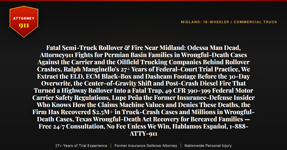 Fatal Semi-Truck Rollover & Fire Near Midland: Odessa Man Dead, Attorney911 Fights for Permian Basin Families in Wrongful-Death Cases Against the Carrier and the Oilfield Trucking Companies Behind Rollover Crashes, Ralph Manginello's 27+ Years of Federal-Court Trial Practice, We Extract the ELD, ECM Black-Box and Dashcam Footage Before the 30-Day Overwrite, the Center-of-Gravity Shift and Post-Crash Diesel Fire That Turned a Highway Rollover Into a Fatal Trap, 49 CFR 390-399 Federal Motor Carrier Safety Regulations, Lupe Peña the Former Insurance-Defense Insider Who Knows How the Claims Machine Values and Denies These Deaths, the Firm Has Recovered $2.5M+ in Truck-Crash Cases and Millions in Wrongful-Death Cases, Texas Wrongful-Death Act Recovery for Bereaved Families — Free 24/7 Consultation, No Fee Unless We Win, Hablamos Español, 1-888-ATTY-911 - Attorney911