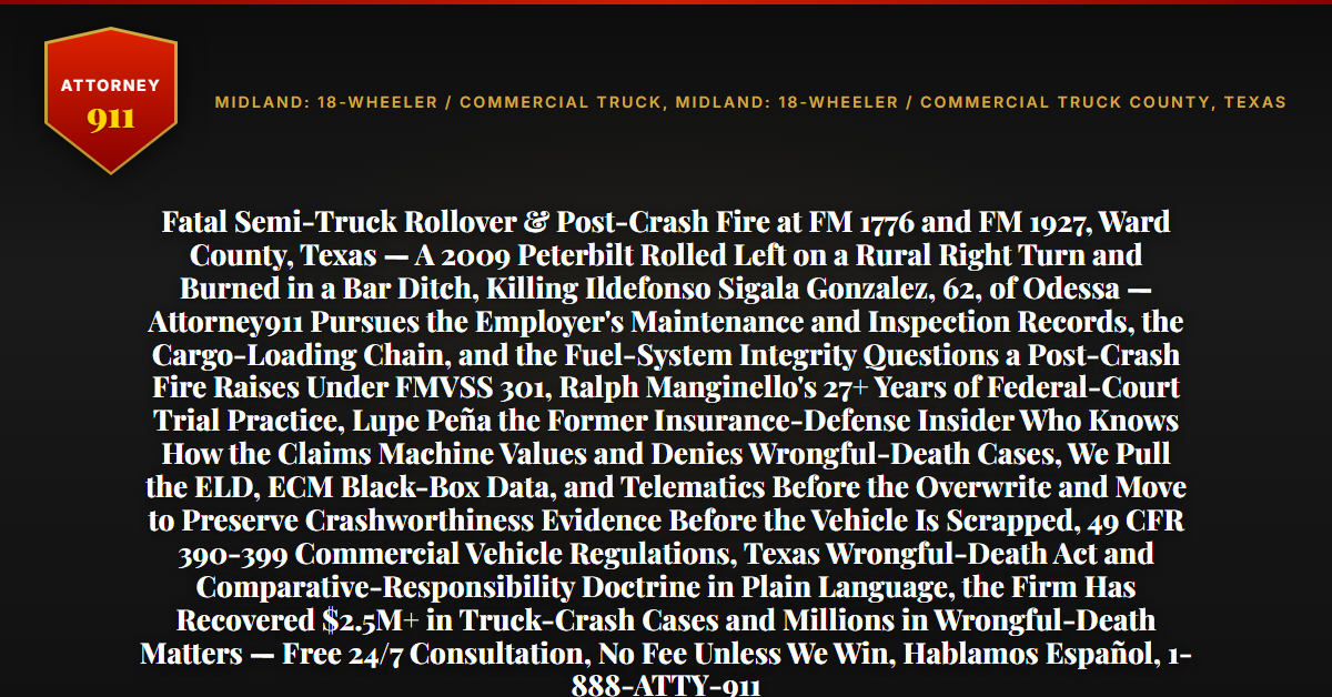 Fatal Semi-Truck Rollover & Post-Crash Fire at FM 1776 and FM 1927, Ward County, Texas — A 2009 Peterbilt Rolled Left on a Rural Right Turn and Burned in a Bar Ditch, Killing Ildefonso Sigala Gonzalez, 62, of Odessa — Attorney911 Pursues the Employer's Maintenance and Inspection Records, the Cargo-Loading Chain, and the Fuel-System Integrity Questions a Post-Crash Fire Raises Under FMVSS 301, Ralph Manginello's 27+ Years of Federal-Court Trial Practice, Lupe Peña the Former Insurance-Defense Insider Who Knows How the Claims Machine Values and Denies Wrongful-Death Cases, We Pull the ELD, ECM Black-Box Data, and Telematics Before the Overwrite and Move to Preserve Crashworthiness Evidence Before the Vehicle Is Scrapped, 49 CFR 390-399 Commercial Vehicle Regulations, Texas Wrongful-Death Act and Comparative-Responsibility Doctrine in Plain Language, the Firm Has Recovered $2.5M+ in Truck-Crash Cases and Millions in Wrongful-Death Matters — Free 24/7 Consultation, No Fee Unless We Win, Hablamos Español, 1-888-ATTY-911 - Attorney911