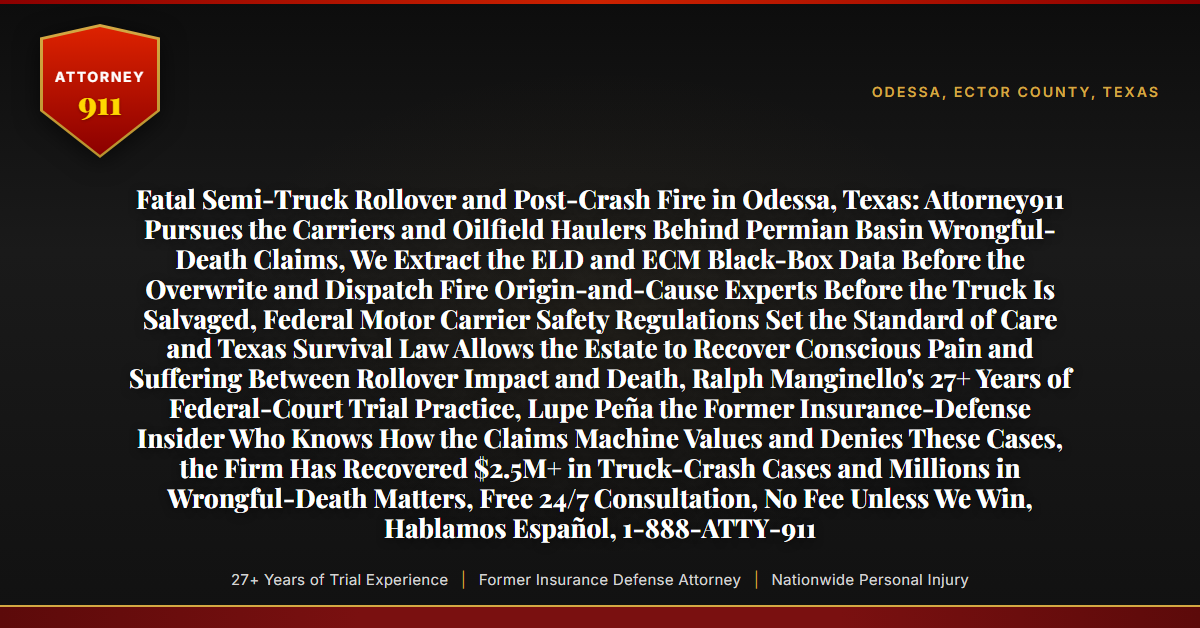 Fatal Semi-Truck Rollover and Post-Crash Fire in Odessa, Texas: Attorney911 Pursues the Carriers and Oilfield Haulers Behind Permian Basin Wrongful-Death Claims, We Extract the ELD and ECM Black-Box Data Before the Overwrite and Dispatch Fire Origin-and-Cause Experts Before the Truck Is Salvaged, Federal Motor Carrier Safety Regulations Set the Standard of Care and Texas Survival Law Allows the Estate to Recover Conscious Pain and Suffering Between Rollover Impact and Death, Ralph Manginello's 27+ Years of Federal-Court Trial Practice, Lupe Peña the Former Insurance-Defense Insider Who Knows How the Claims Machine Values and Denies These Cases, the Firm Has Recovered $2.5M+ in Truck-Crash Cases and Millions in Wrongful-Death Matters, Free 24/7 Consultation, No Fee Unless We Win, Hablamos Español, 1-888-ATTY-911 - Attorney911