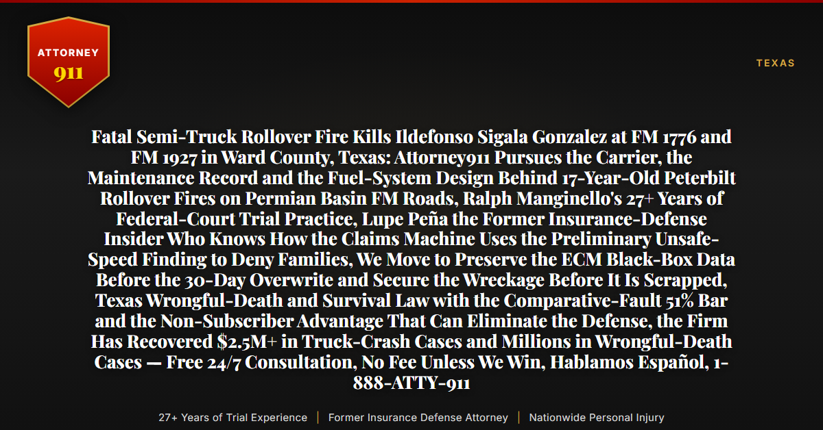 Fatal Semi-Truck Rollover Fire Kills Ildefonso Sigala Gonzalez at FM 1776 and FM 1927 in Ward County, Texas: Attorney911 Pursues the Carrier, the Maintenance Record and the Fuel-System Design Behind 17-Year-Old Peterbilt Rollover Fires on Permian Basin FM Roads, Ralph Manginello's 27+ Years of Federal-Court Trial Practice, Lupe Peña the Former Insurance-Defense Insider Who Knows How the Claims Machine Uses the Preliminary Unsafe-Speed Finding to Deny Families, We Move to Preserve the ECM Black-Box Data Before the 30-Day Overwrite and Secure the Wreckage Before It Is Scrapped, Texas Wrongful-Death and Survival Law with the Comparative-Fault 51% Bar and the Non-Subscriber Advantage That Can Eliminate the Defense, the Firm Has Recovered $2.5M+ in Truck-Crash Cases and Millions in Wrongful-Death Cases — Free 24/7 Consultation, No Fee Unless We Win, Hablamos Español, 1-888-ATTY-911 - Attorney911