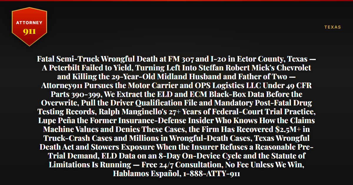 Fatal Semi-Truck Wrongful Death at FM 307 and I-20 in Ector County, Texas — A Peterbilt Failed to Yield, Turning Left Into Steffan Robert Mick's Chevrolet and Killing the 29-Year-Old Midland Husband and Father of Two — Attorney911 Pursues the Motor Carrier and OPS Logistics LLC Under 49 CFR Parts 390-399, We Extract the ELD and ECM Black-Box Data Before the Overwrite, Pull the Driver Qualification File and Mandatory Post-Fatal Drug Testing Records, Ralph Manginello's 27+ Years of Federal-Court Trial Practice, Lupe Peña the Former Insurance-Defense Insider Who Knows How the Claims Machine Values and Denies These Cases, the Firm Has Recovered $2.5M+ in Truck-Crash Cases and Millions in Wrongful-Death Cases, Texas Wrongful Death Act and Stowers Exposure When the Insurer Refuses a Reasonable Pre-Trial Demand, ELD Data on an 8-Day On-Device Cycle and the Statute of Limitations Is Running — Free 24/7 Consultation, No Fee Unless We Win, Hablamos Español, 1-888-ATTY-911 - Attorney911