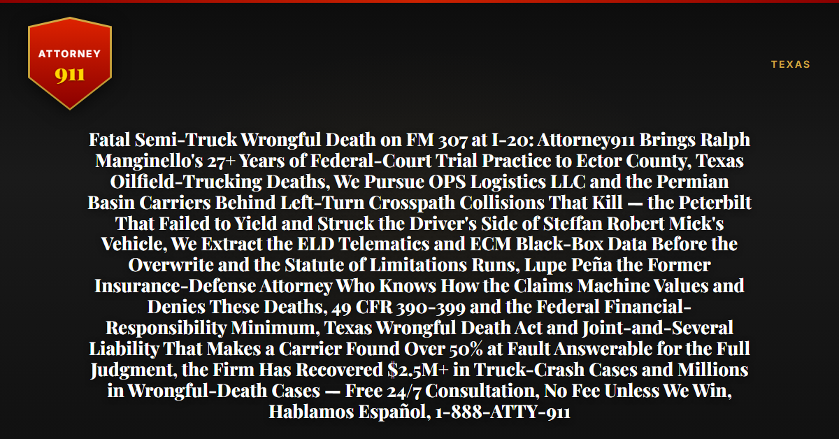 Fatal Semi-Truck Wrongful Death on FM 307 at I-20: Attorney911 Brings Ralph Manginello's 27+ Years of Federal-Court Trial Practice to Ector County, Texas Oilfield-Trucking Deaths, We Pursue OPS Logistics LLC and the Permian Basin Carriers Behind Left-Turn Crosspath Collisions That Kill — the Peterbilt That Failed to Yield and Struck the Driver's Side of Steffan Robert Mick's Vehicle, We Extract the ELD Telematics and ECM Black-Box Data Before the Overwrite and the Statute of Limitations Runs, Lupe Peña the Former Insurance-Defense Attorney Who Knows How the Claims Machine Values and Denies These Deaths, 49 CFR 390-399 and the Federal Financial-Responsibility Minimum, Texas Wrongful Death Act and Joint-and-Several Liability That Makes a Carrier Found Over 50% at Fault Answerable for the Full Judgment, the Firm Has Recovered $2.5M+ in Truck-Crash Cases and Millions in Wrongful-Death Cases — Free 24/7 Consultation, No Fee Unless We Win, Hablamos Español, 1-888-ATTY-911 - Attorney911