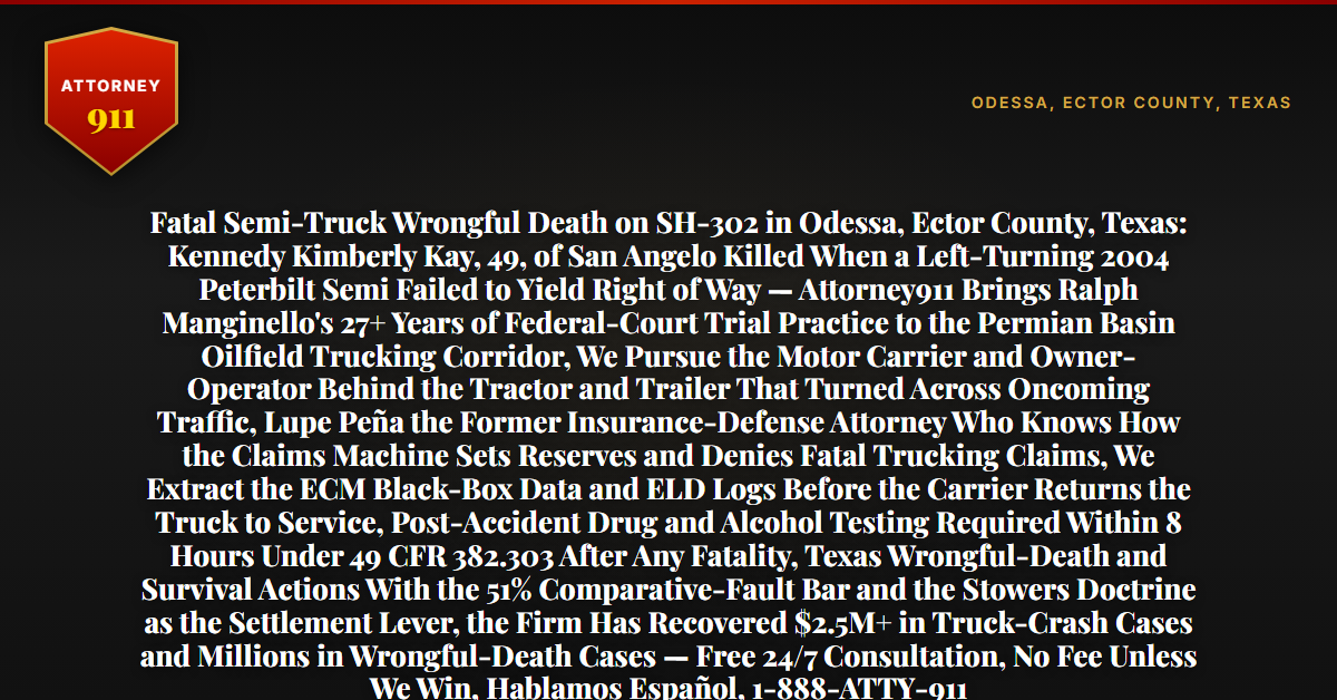 Fatal Semi-Truck Wrongful Death on SH-302 in Odessa, Ector County, Texas: Kennedy Kimberly Kay, 49, of San Angelo Killed When a Left-Turning 2004 Peterbilt Semi Failed to Yield Right of Way — Attorney911 Brings Ralph Manginello's 27+ Years of Federal-Court Trial Practice to the Permian Basin Oilfield Trucking Corridor, We Pursue the Motor Carrier and Owner-Operator Behind the Tractor and Trailer That Turned Across Oncoming Traffic, Lupe Peña the Former Insurance-Defense Attorney Who Knows How the Claims Machine Sets Reserves and Denies Fatal Trucking Claims, We Extract the ECM Black-Box Data and ELD Logs Before the Carrier Returns the Truck to Service, Post-Accident Drug and Alcohol Testing Required Within 8 Hours Under 49 CFR 382.303 After Any Fatality, Texas Wrongful-Death and Survival Actions With the 51% Comparative-Fault Bar and the Stowers Doctrine as the Settlement Lever, the Firm Has Recovered $2.5M+ in Truck-Crash Cases and Millions in Wrongful-Death Cases — Free 24/7 Consultation, No Fee Unless We Win, Hablamos Español, 1-888-ATTY-911 - Attorney911