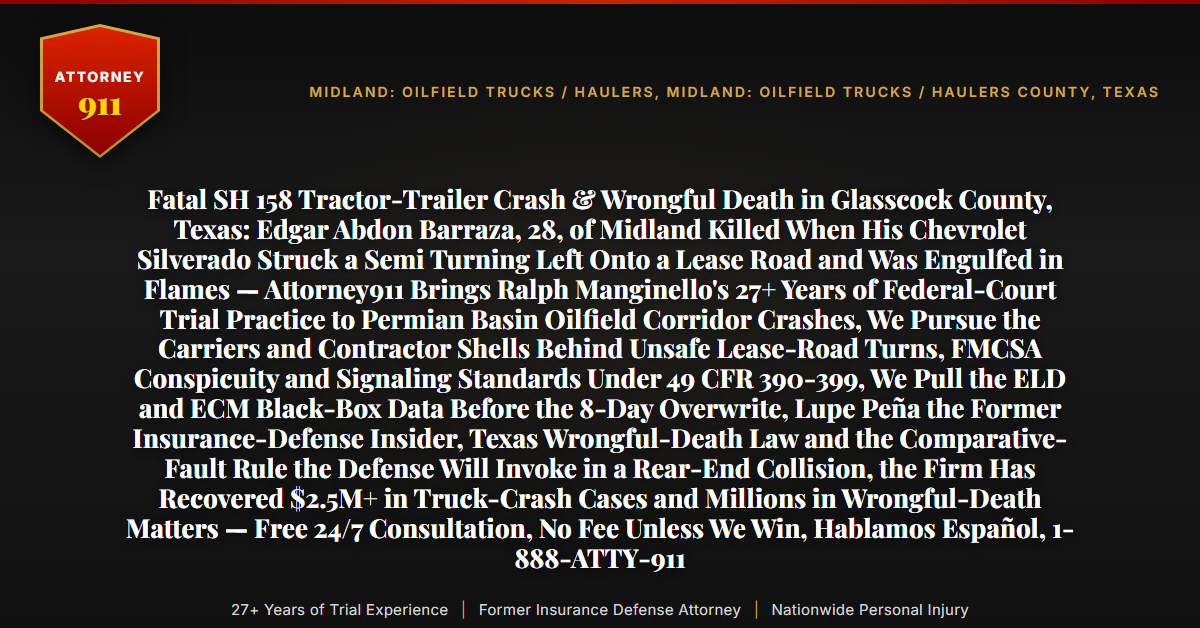 Fatal SH 158 Tractor-Trailer Crash & Wrongful Death in Glasscock County, Texas: Edgar Abdon Barraza, 28, of Midland Killed When His Chevrolet Silverado Struck a Semi Turning Left Onto a Lease Road and Was Engulfed in Flames — Attorney911 Brings Ralph Manginello's 27+ Years of Federal-Court Trial Practice to Permian Basin Oilfield Corridor Crashes, We Pursue the Carriers and Contractor Shells Behind Unsafe Lease-Road Turns, FMCSA Conspicuity and Signaling Standards Under 49 CFR 390-399, We Pull the ELD and ECM Black-Box Data Before the 8-Day Overwrite, Lupe Peña the Former Insurance-Defense Insider, Texas Wrongful-Death Law and the Comparative-Fault Rule the Defense Will Invoke in a Rear-End Collision, the Firm Has Recovered $2.5M+ in Truck-Crash Cases and Millions in Wrongful-Death Matters — Free 24/7 Consultation, No Fee Unless We Win, Hablamos Español, 1-888-ATTY-911 - Attorney911
