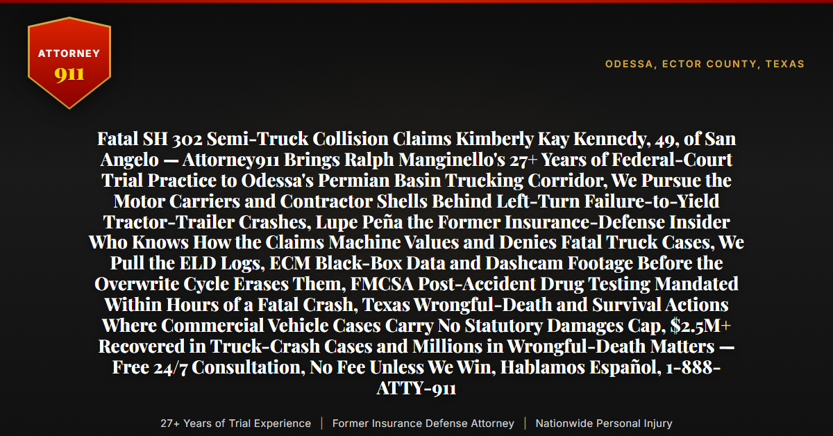 Fatal SH 302 Semi-Truck Collision Claims Kimberly Kay Kennedy, 49, of San Angelo — Attorney911 Brings Ralph Manginello's 27+ Years of Federal-Court Trial Practice to Odessa's Permian Basin Trucking Corridor, We Pursue the Motor Carriers and Contractor Shells Behind Left-Turn Failure-to-Yield Tractor-Trailer Crashes, Lupe Peña the Former Insurance-Defense Insider Who Knows How the Claims Machine Values and Denies Fatal Truck Cases, We Pull the ELD Logs, ECM Black-Box Data and Dashcam Footage Before the Overwrite Cycle Erases Them, FMCSA Post-Accident Drug Testing Mandated Within Hours of a Fatal Crash, Texas Wrongful-Death and Survival Actions Where Commercial Vehicle Cases Carry No Statutory Damages Cap, $2.5M+ Recovered in Truck-Crash Cases and Millions in Wrongful-Death Matters — Free 24/7 Consultation, No Fee Unless We Win, Hablamos Español, 1-888-ATTY-911 - Attorney911
