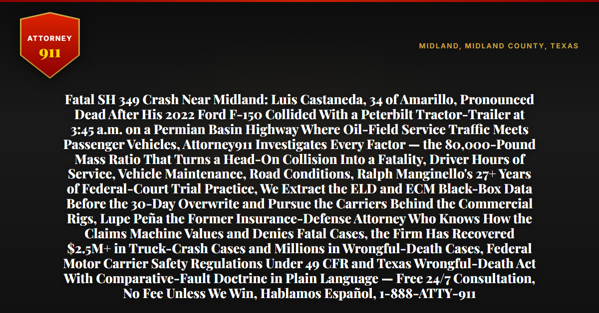 Fatal SH 349 Crash Near Midland: Luis Castaneda, 34 of Amarillo, Pronounced Dead After His 2022 Ford F-150 Collided With a Peterbilt Tractor-Trailer at 3:45 a.m. on a Permian Basin Highway Where Oil-Field Service Traffic Meets Passenger Vehicles, Attorney911 Investigates Every Factor — the 80,000-Pound Mass Ratio That Turns a Head-On Collision Into a Fatality, Driver Hours of Service, Vehicle Maintenance, Road Conditions, Ralph Manginello's 27+ Years of Federal-Court Trial Practice, We Extract the ELD and ECM Black-Box Data Before the 30-Day Overwrite and Pursue the Carriers Behind the Commercial Rigs, Lupe Peña the Former Insurance-Defense Attorney Who Knows How the Claims Machine Values and Denies Fatal Cases, the Firm Has Recovered $2.5M+ in Truck-Crash Cases and Millions in Wrongful-Death Cases, Federal Motor Carrier Safety Regulations Under 49 CFR and Texas Wrongful-Death Act With Comparative-Fault Doctrine in Plain Language — Free 24/7 Consultation, No Fee Unless We Win, Hablamos Español, 1-888-ATTY-911 - Attorney911