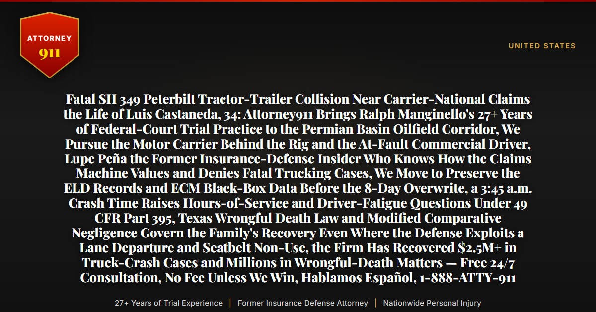 Fatal SH 349 Peterbilt Tractor-Trailer Collision Near Carrier-National Claims the Life of Luis Castaneda, 34: Attorney911 Brings Ralph Manginello's 27+ Years of Federal-Court Trial Practice to the Permian Basin Oilfield Corridor, We Pursue the Motor Carrier Behind the Rig and the At-Fault Commercial Driver, Lupe Peña the Former Insurance-Defense Insider Who Knows How the Claims Machine Values and Denies Fatal Trucking Cases, We Move to Preserve the ELD Records and ECM Black-Box Data Before the 8-Day Overwrite, a 3:45 a.m. Crash Time Raises Hours-of-Service and Driver-Fatigue Questions Under 49 CFR Part 395, Texas Wrongful Death Law and Modified Comparative Negligence Govern the Family's Recovery Even Where the Defense Exploits a Lane Departure and Seatbelt Non-Use, the Firm Has Recovered $2.5M+ in Truck-Crash Cases and Millions in Wrongful-Death Matters — Free 24/7 Consultation, No Fee Unless We Win, Hablamos Español, 1-888-ATTY-911 - Attorney911