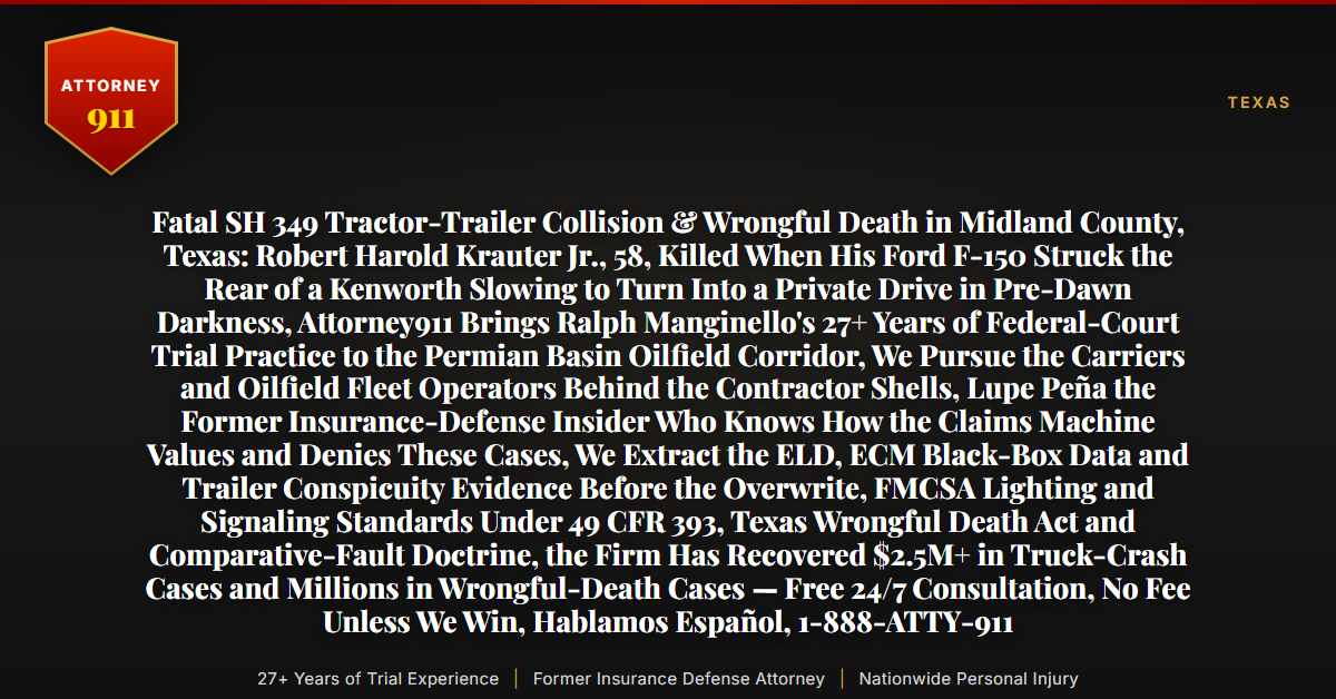Fatal SH 349 Tractor-Trailer Collision & Wrongful Death in Midland County, Texas: Robert Harold Krauter Jr., 58, Killed When His Ford F-150 Struck the Rear of a Kenworth Slowing to Turn Into a Private Drive in Pre-Dawn Darkness, Attorney911 Brings Ralph Manginello's 27+ Years of Federal-Court Trial Practice to the Permian Basin Oilfield Corridor, We Pursue the Carriers and Oilfield Fleet Operators Behind the Contractor Shells, Lupe Peña the Former Insurance-Defense Insider Who Knows How the Claims Machine Values and Denies These Cases, We Extract the ELD, ECM Black-Box Data and Trailer Conspicuity Evidence Before the Overwrite, FMCSA Lighting and Signaling Standards Under 49 CFR 393, Texas Wrongful Death Act and Comparative-Fault Doctrine, the Firm Has Recovered $2.5M+ in Truck-Crash Cases and Millions in Wrongful-Death Cases — Free 24/7 Consultation, No Fee Unless We Win, Hablamos Español, 1-888-ATTY-911 - Attorney911