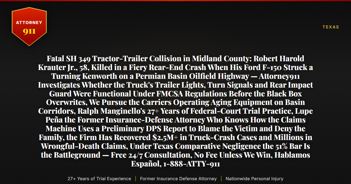 Fatal SH 349 Tractor-Trailer Collision in Midland County: Robert Harold Krauter Jr., 58, Killed in a Fiery Rear-End Crash When His Ford F-150 Struck a Turning Kenworth on a Permian Basin Oilfield Highway — Attorney911 Investigates Whether the Truck's Trailer Lights, Turn Signals and Rear Impact Guard Were Functional Under FMCSA Regulations Before the Black Box Overwrites, We Pursue the Carriers Operating Aging Equipment on Basin Corridors, Ralph Manginello's 27+ Years of Federal-Court Trial Practice, Lupe Peña the Former Insurance-Defense Attorney Who Knows How the Claims Machine Uses a Preliminary DPS Report to Blame the Victim and Deny the Family, the Firm Has Recovered $2.5M+ in Truck-Crash Cases and Millions in Wrongful-Death Claims, Under Texas Comparative Negligence the 51% Bar Is the Battleground — Free 24/7 Consultation, No Fee Unless We Win, Hablamos Español, 1-888-ATTY-911 - Attorney911
