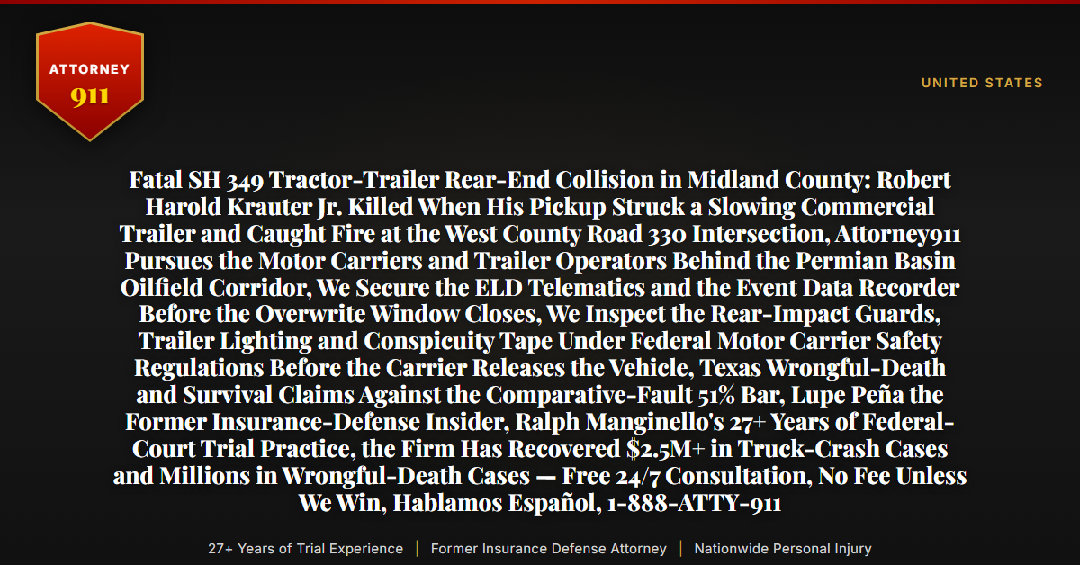 Fatal SH 349 Tractor-Trailer Rear-End Collision in Midland County: Robert Harold Krauter Jr. Killed When His Pickup Struck a Slowing Commercial Trailer and Caught Fire at the West County Road 330 Intersection, Attorney911 Pursues the Motor Carriers and Trailer Operators Behind the Permian Basin Oilfield Corridor, We Secure the ELD Telematics and the Event Data Recorder Before the Overwrite Window Closes, We Inspect the Rear-Impact Guards, Trailer Lighting and Conspicuity Tape Under Federal Motor Carrier Safety Regulations Before the Carrier Releases the Vehicle, Texas Wrongful-Death and Survival Claims Against the Comparative-Fault 51% Bar, Lupe Peña the Former Insurance-Defense Insider, Ralph Manginello's 27+ Years of Federal-Court Trial Practice, the Firm Has Recovered $2.5M+ in Truck-Crash Cases and Millions in Wrongful-Death Cases — Free 24/7 Consultation, No Fee Unless We Win, Hablamos Español, 1-888-ATTY-911 - Attorney911