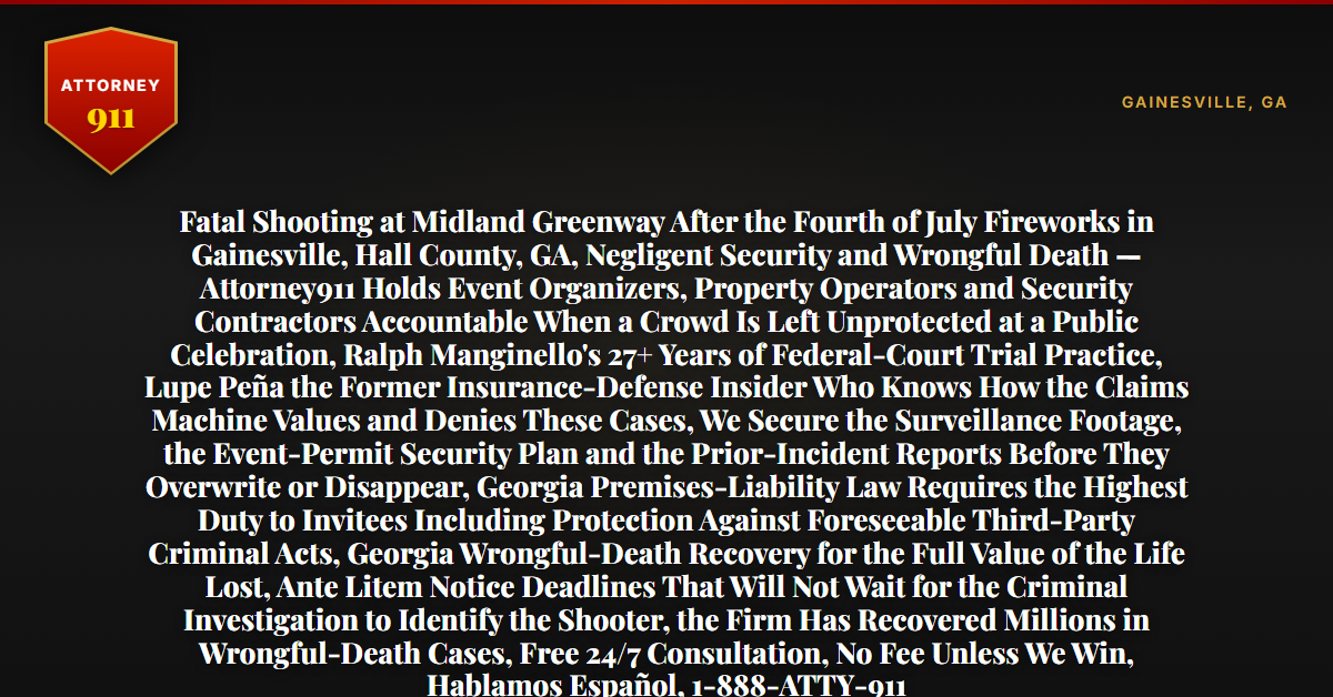 Fatal Shooting at Midland Greenway After the Fourth of July Fireworks in Gainesville, Hall County, GA, Negligent Security and Wrongful Death — Attorney911 Holds Event Organizers, Property Operators and Security Contractors Accountable When a Crowd Is Left Unprotected at a Public Celebration, Ralph Manginello's 27+ Years of Federal-Court Trial Practice, Lupe Peña the Former Insurance-Defense Insider Who Knows How the Claims Machine Values and Denies These Cases, We Secure the Surveillance Footage, the Event-Permit Security Plan and the Prior-Incident Reports Before They Overwrite or Disappear, Georgia Premises-Liability Law Requires the Highest Duty to Invitees Including Protection Against Foreseeable Third-Party Criminal Acts, Georgia Wrongful-Death Recovery for the Full Value of the Life Lost, Ante Litem Notice Deadlines That Will Not Wait for the Criminal Investigation to Identify the Shooter, the Firm Has Recovered Millions in Wrongful-Death Cases, Free 24/7 Consultation, No Fee Unless We Win, Hablamos Español, 1-888-ATTY-911 - Attorney911