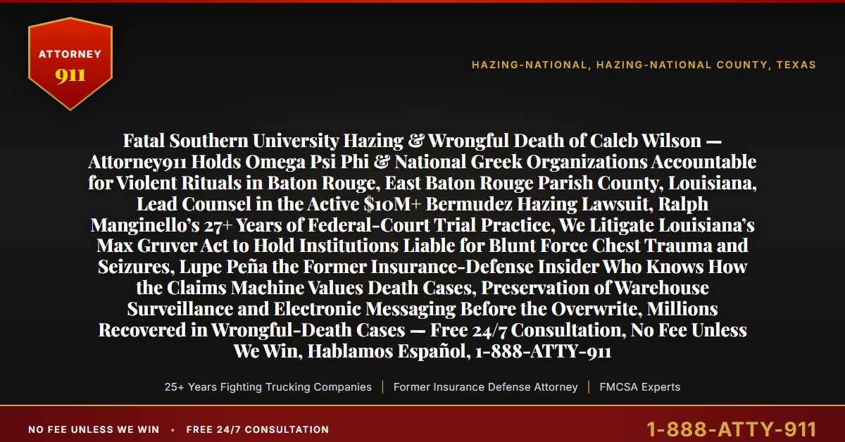 Fatal Southern University Hazing & Wrongful Death of Caleb Wilson — Attorney911 Holds Omega Psi Phi & National Greek Organizations Accountable for Violent Rituals in Baton Rouge, East Baton Rouge Parish County, Louisiana, Lead Counsel in the Active $10M+ Bermudez Hazing Lawsuit, Ralph Manginello’s 27+ Years of Federal-Court Trial Practice, We Litigate Louisiana’s Max Gruver Act to Hold Institutions Liable for Blunt Force Chest Trauma and Seizures, Lupe Peña the Former Insurance-Defense Insider Who Knows How the Claims Machine Values Death Cases, Preservation of Warehouse Surveillance and Electronic Messaging Before the Overwrite, Millions Recovered in Wrongful-Death Cases — Free 24/7 Consultation, No Fee Unless We Win, Hablamos Español, 1-888-ATTY-911 - Attorney911