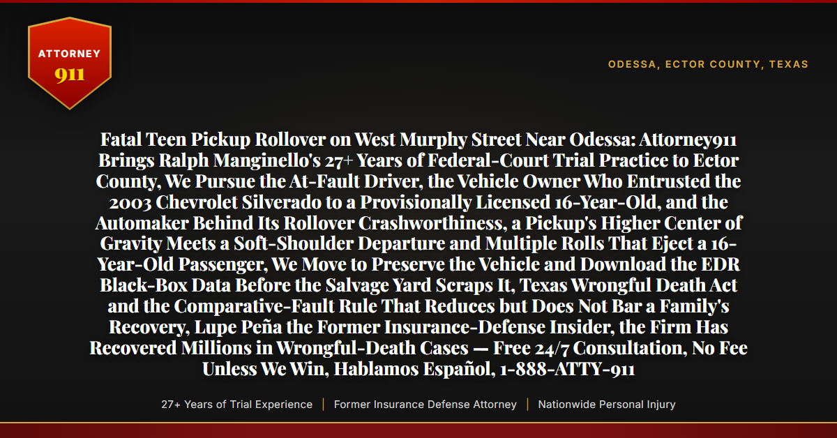 Fatal Teen Pickup Rollover on West Murphy Street Near Odessa: Attorney911 Brings Ralph Manginello's 27+ Years of Federal-Court Trial Practice to Ector County, We Pursue the At-Fault Driver, the Vehicle Owner Who Entrusted the 2003 Chevrolet Silverado to a Provisionally Licensed 16-Year-Old, and the Automaker Behind Its Rollover Crashworthiness, a Pickup's Higher Center of Gravity Meets a Soft-Shoulder Departure and Multiple Rolls That Eject a 16-Year-Old Passenger, We Move to Preserve the Vehicle and Download the EDR Black-Box Data Before the Salvage Yard Scraps It, Texas Wrongful Death Act and the Comparative-Fault Rule That Reduces but Does Not Bar a Family's Recovery, Lupe Peña the Former Insurance-Defense Insider, the Firm Has Recovered Millions in Wrongful-Death Cases — Free 24/7 Consultation, No Fee Unless We Win, Hablamos Español, 1-888-ATTY-911 - Attorney911