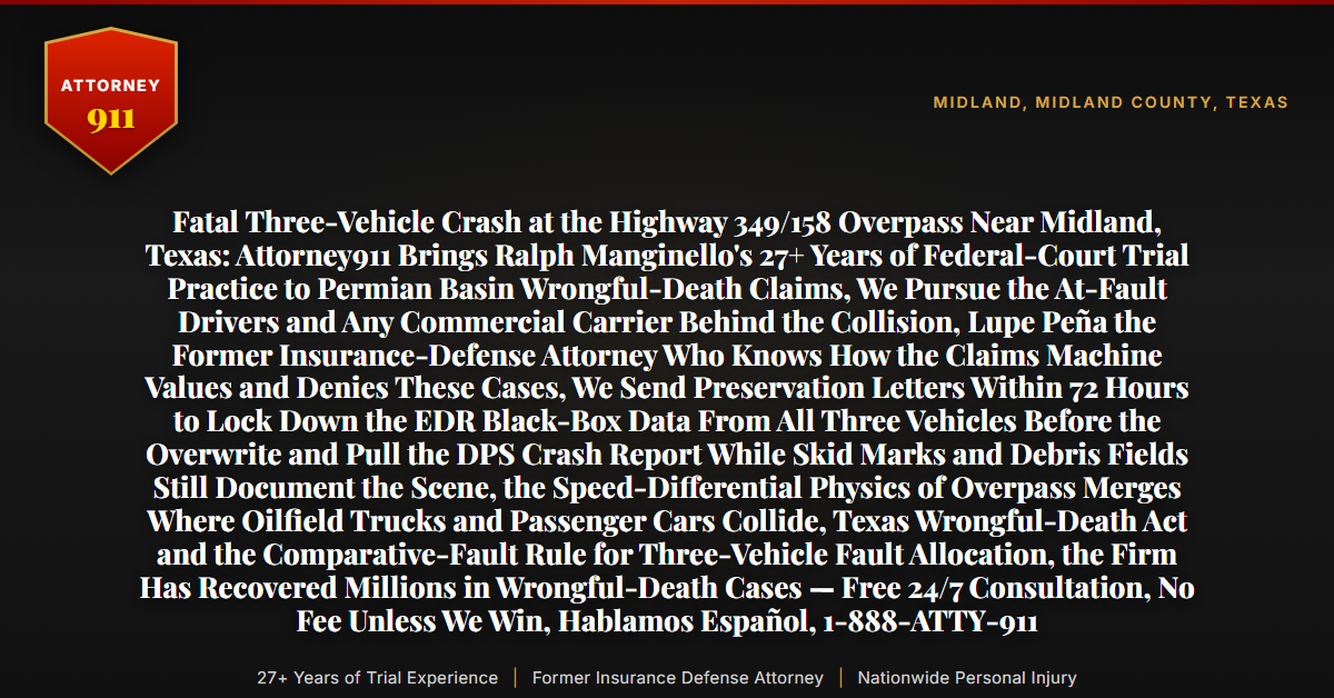 Fatal Three-Vehicle Crash at the Highway 349/158 Overpass Near Midland, Texas: Attorney911 Brings Ralph Manginello's 27+ Years of Federal-Court Trial Practice to Permian Basin Wrongful-Death Claims, We Pursue the At-Fault Drivers and Any Commercial Carrier Behind the Collision, Lupe Peña the Former Insurance-Defense Attorney Who Knows How the Claims Machine Values and Denies These Cases, We Send Preservation Letters Within 72 Hours to Lock Down the EDR Black-Box Data From All Three Vehicles Before the Overwrite and Pull the DPS Crash Report While Skid Marks and Debris Fields Still Document the Scene, the Speed-Differential Physics of Overpass Merges Where Oilfield Trucks and Passenger Cars Collide, Texas Wrongful-Death Act and the Comparative-Fault Rule for Three-Vehicle Fault Allocation, the Firm Has Recovered Millions in Wrongful-Death Cases — Free 24/7 Consultation, No Fee Unless We Win, Hablamos Español, 1-888-ATTY-911 - Attorney911
