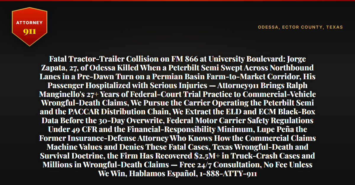 Fatal Tractor-Trailer Collision on FM 866 at University Boulevard: Jorge Zapata, 27, of Odessa Killed When a Peterbilt Semi Swept Across Northbound Lanes in a Pre-Dawn Turn on a Permian Basin Farm-to-Market Corridor, His Passenger Hospitalized with Serious Injuries — Attorney911 Brings Ralph Manginello's 27+ Years of Federal-Court Trial Practice to Commercial-Vehicle Wrongful-Death Claims, We Pursue the Carrier Operating the Peterbilt Semi and the PACCAR Distribution Chain, We Extract the ELD and ECM Black-Box Data Before the 30-Day Overwrite, Federal Motor Carrier Safety Regulations Under 49 CFR and the Financial-Responsibility Minimum, Lupe Peña the Former Insurance-Defense Attorney Who Knows How the Commercial Claims Machine Values and Denies These Fatal Cases, Texas Wrongful-Death and Survival Doctrine, the Firm Has Recovered $2.5M+ in Truck-Crash Cases and Millions in Wrongful-Death Claims — Free 24/7 Consultation, No Fee Unless We Win, Hablamos Español, 1-888-ATTY-911 - Attorney911