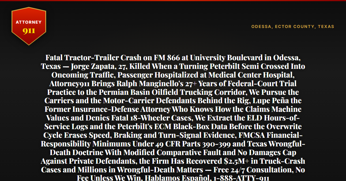 Fatal Tractor-Trailer Crash on FM 866 at University Boulevard in Odessa, Texas — Jorge Zapata, 27, Killed When a Turning Peterbilt Semi Crossed Into Oncoming Traffic, Passenger Hospitalized at Medical Center Hospital, Attorney911 Brings Ralph Manginello's 27+ Years of Federal-Court Trial Practice to the Permian Basin Oilfield Trucking Corridor, We Pursue the Carriers and the Motor-Carrier Defendants Behind the Rig, Lupe Peña the Former Insurance-Defense Attorney Who Knows How the Claims Machine Values and Denies Fatal 18-Wheeler Cases, We Extract the ELD Hours-of-Service Logs and the Peterbilt's ECM Black-Box Data Before the Overwrite Cycle Erases Speed, Braking and Turn-Signal Evidence, FMCSA Financial-Responsibility Minimums Under 49 CFR Parts 390-399 and Texas Wrongful-Death Doctrine With Modified Comparative Fault and No Damages Cap Against Private Defendants, the Firm Has Recovered $2.5M+ in Truck-Crash Cases and Millions in Wrongful-Death Matters — Free 24/7 Consultation, No Fee Unless We Win, Hablamos Español, 1-888-ATTY-911 - Attorney911
