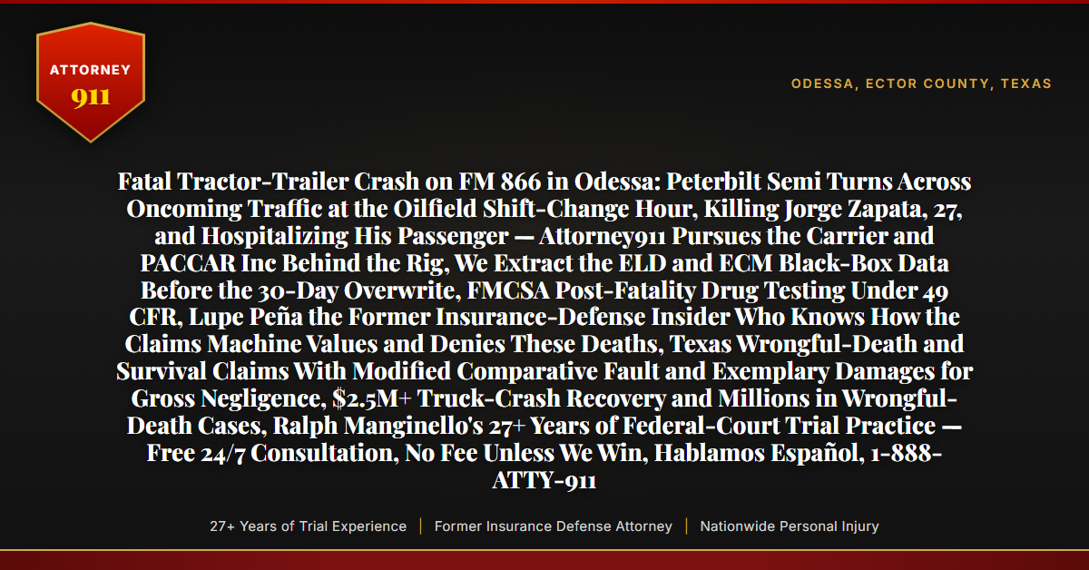 Fatal Tractor-Trailer Crash on FM 866 in Odessa: Peterbilt Semi Turns Across Oncoming Traffic at the Oilfield Shift-Change Hour, Killing Jorge Zapata, 27, and Hospitalizing His Passenger — Attorney911 Pursues the Carrier and PACCAR Inc Behind the Rig, We Extract the ELD and ECM Black-Box Data Before the 30-Day Overwrite, FMCSA Post-Fatality Drug Testing Under 49 CFR, Lupe Peña the Former Insurance-Defense Insider Who Knows How the Claims Machine Values and Denies These Deaths, Texas Wrongful-Death and Survival Claims With Modified Comparative Fault and Exemplary Damages for Gross Negligence, $2.5M+ Truck-Crash Recovery and Millions in Wrongful-Death Cases, Ralph Manginello's 27+ Years of Federal-Court Trial Practice — Free 24/7 Consultation, No Fee Unless We Win, Hablamos Español, 1-888-ATTY-911 - Attorney911
