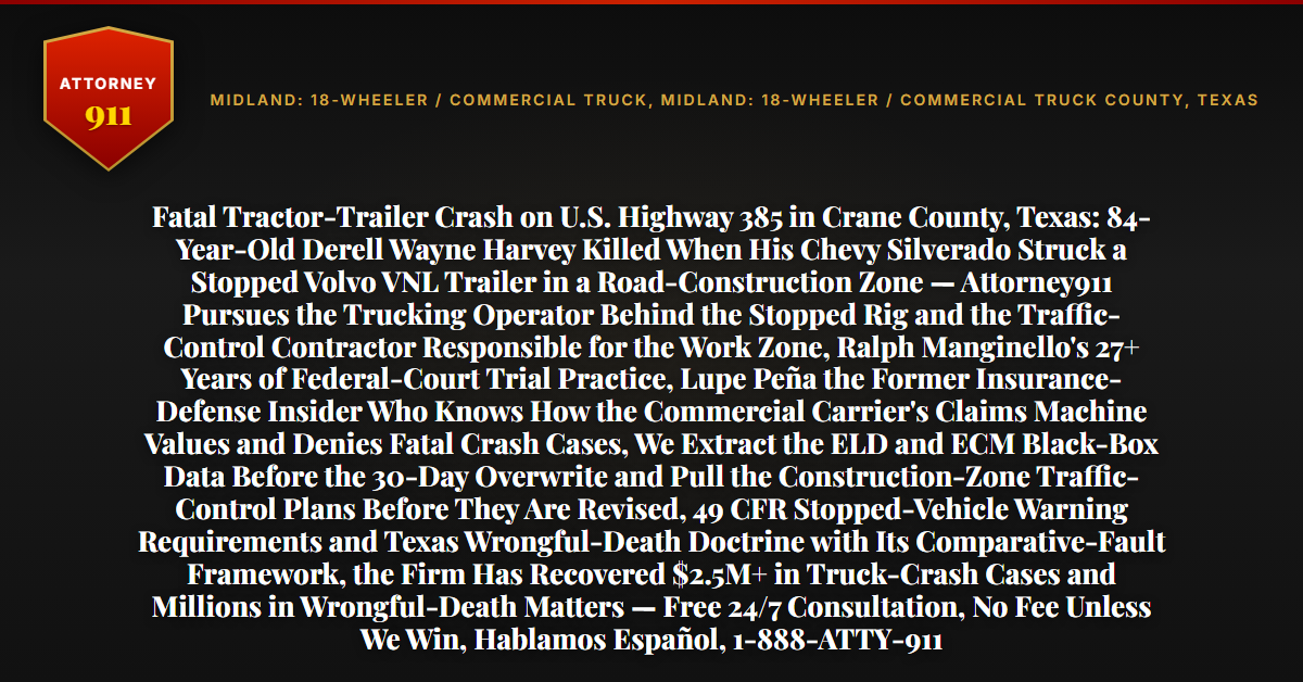 Fatal Tractor-Trailer Crash on U.S. Highway 385 in Crane County, Texas: 84-Year-Old Derell Wayne Harvey Killed When His Chevy Silverado Struck a Stopped Volvo VNL Trailer in a Road-Construction Zone — Attorney911 Pursues the Trucking Operator Behind the Stopped Rig and the Traffic-Control Contractor Responsible for the Work Zone, Ralph Manginello's 27+ Years of Federal-Court Trial Practice, Lupe Peña the Former Insurance-Defense Insider Who Knows How the Commercial Carrier's Claims Machine Values and Denies Fatal Crash Cases, We Extract the ELD and ECM Black-Box Data Before the 30-Day Overwrite and Pull the Construction-Zone Traffic-Control Plans Before They Are Revised, 49 CFR Stopped-Vehicle Warning Requirements and Texas Wrongful-Death Doctrine with Its Comparative-Fault Framework, the Firm Has Recovered $2.5M+ in Truck-Crash Cases and Millions in Wrongful-Death Matters — Free 24/7 Consultation, No Fee Unless We Win, Hablamos Español, 1-888-ATTY-911 - Attorney911