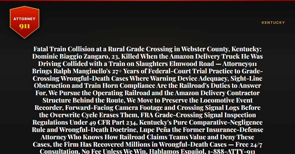 Fatal Train Collision at a Rural Grade Crossing in Webster County, Kentucky: Dominic Biaggio Zangaro, 23, Killed When the Amazon Delivery Truck He Was Driving Collided with a Train on Slaughters Elmwood Road — Attorney911 Brings Ralph Manginello's 27+ Years of Federal-Court Trial Practice to Grade-Crossing Wrongful-Death Cases Where Warning Device Adequacy, Sight-Line Obstruction and Train Horn Compliance Are the Railroad's Duties to Answer For, We Pursue the Operating Railroad and the Amazon Delivery Contractor Structure Behind the Route, We Move to Preserve the Locomotive Event Recorder, Forward-Facing Camera Footage and Crossing Signal Logs Before the Overwrite Cycle Erases Them, FRA Grade-Crossing Signal Inspection Regulations Under 49 CFR Part 234, Kentucky's Pure Comparative-Negligence Rule and Wrongful-Death Doctrine, Lupe Peña the Former Insurance-Defense Attorney Who Knows How Railroad Claims Teams Value and Deny These Cases, the Firm Has Recovered Millions in Wrongful-Death Cases — Free 24/7 Consultation, No Fee Unless We Win, Hablamos Español, 1-888-ATTY-911 - Attorney911