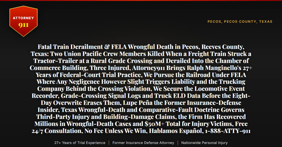 Fatal Train Derailment & FELA Wrongful Death in Pecos, Reeves County, Texas: Two Union Pacific Crew Members Killed When a Freight Train Struck a Tractor-Trailer at a Rural Grade Crossing and Derailed Into the Chamber of Commerce Building, Three Injured, Attorney911 Brings Ralph Manginello's 27+ Years of Federal-Court Trial Practice, We Pursue the Railroad Under FELA Where Any Negligence However Slight Triggers Liability and the Trucking Company Behind the Crossing Violation, We Secure the Locomotive Event Recorder, Grade-Crossing Signal Logs and Truck ELD Data Before the Eight-Day Overwrite Erases Them, Lupe Peña the Former Insurance-Defense Insider, Texas Wrongful-Death and Comparative-Fault Doctrine Governs Third-Party Injury and Building-Damage Claims, the Firm Has Recovered Millions in Wrongful-Death Cases and $50M+ Total for Injury Victims, Free 24/7 Consultation, No Fee Unless We Win, Hablamos Español, 1-888-ATTY-911 - Attorney911