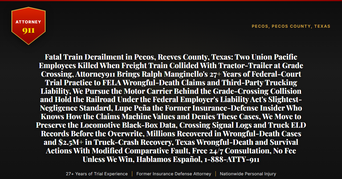 Fatal Train Derailment in Pecos, Reeves County, Texas: Two Union Pacific Employees Killed When Freight Train Collided With Tractor-Trailer at Grade Crossing, Attorney911 Brings Ralph Manginello's 27+ Years of Federal-Court Trial Practice to FELA Wrongful-Death Claims and Third-Party Trucking Liability, We Pursue the Motor Carrier Behind the Grade-Crossing Collision and Hold the Railroad Under the Federal Employer's Liability Act's Slightest-Negligence Standard, Lupe Peña the Former Insurance-Defense Insider Who Knows How the Claims Machine Values and Denies These Cases, We Move to Preserve the Locomotive Black-Box Data, Crossing Signal Logs and Truck ELD Records Before the Overwrite, Millions Recovered in Wrongful-Death Cases and $2.5M+ in Truck-Crash Recovery, Texas Wrongful-Death and Survival Actions With Modified Comparative Fault, Free 24/7 Consultation, No Fee Unless We Win, Hablamos Español, 1-888-ATTY-911 - Attorney911