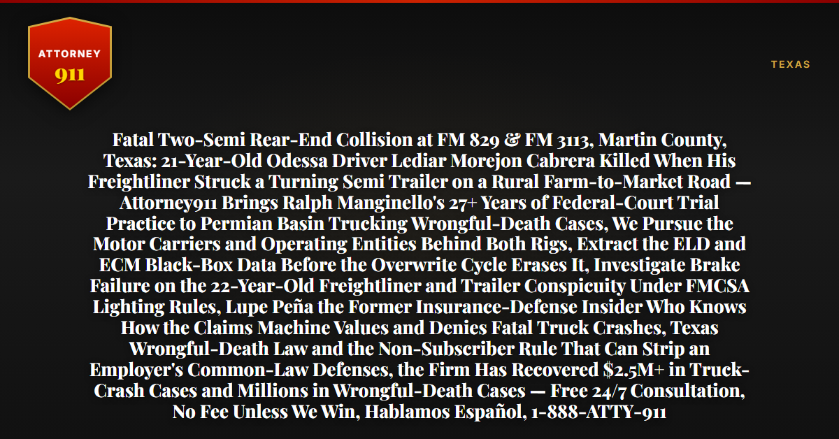 Fatal Two-Semi Rear-End Collision at FM 829 & FM 3113, Martin County, Texas: 21-Year-Old Odessa Driver Lediar Morejon Cabrera Killed When His Freightliner Struck a Turning Semi Trailer on a Rural Farm-to-Market Road — Attorney911 Brings Ralph Manginello's 27+ Years of Federal-Court Trial Practice to Permian Basin Trucking Wrongful-Death Cases, We Pursue the Motor Carriers and Operating Entities Behind Both Rigs, Extract the ELD and ECM Black-Box Data Before the Overwrite Cycle Erases It, Investigate Brake Failure on the 22-Year-Old Freightliner and Trailer Conspicuity Under FMCSA Lighting Rules, Lupe Peña the Former Insurance-Defense Insider Who Knows How the Claims Machine Values and Denies Fatal Truck Crashes, Texas Wrongful-Death Law and the Non-Subscriber Rule That Can Strip an Employer's Common-Law Defenses, the Firm Has Recovered $2.5M+ in Truck-Crash Cases and Millions in Wrongful-Death Cases — Free 24/7 Consultation, No Fee Unless We Win, Hablamos Español, 1-888-ATTY-911 - Attorney911