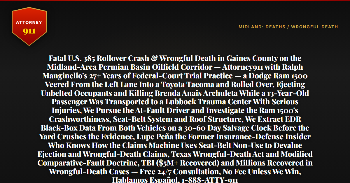 Fatal U.S. 385 Rollover Crash & Wrongful Death in Gaines County on the Midland-Area Permian Basin Oilfield Corridor — Attorney911 with Ralph Manginello's 27+ Years of Federal-Court Trial Practice — a Dodge Ram 1500 Veered From the Left Lane Into a Toyota Tacoma and Rolled Over, Ejecting Unbelted Occupants and Killing Brenda Anais Archuleta While a 13-Year-Old Passenger Was Transported to a Lubbock Trauma Center With Serious Injuries, We Pursue the At-Fault Driver and Investigate the Ram 1500's Crashworthiness, Seat-Belt System and Roof Structure, We Extract EDR Black-Box Data From Both Vehicles on a 30-60 Day Salvage Clock Before the Yard Crushes the Evidence, Lupe Peña the Former Insurance-Defense Insider Who Knows How the Claims Machine Uses Seat-Belt Non-Use to Devalue Ejection and Wrongful-Death Claims, Texas Wrongful-Death Act and Modified Comparative-Fault Doctrine, TBI ($5M+ Recovered) and Millions Recovered in Wrongful-Death Cases — Free 24/7 Consultation, No Fee Unless We Win, Hablamos Español, 1-888-ATTY-911 - Attorney911