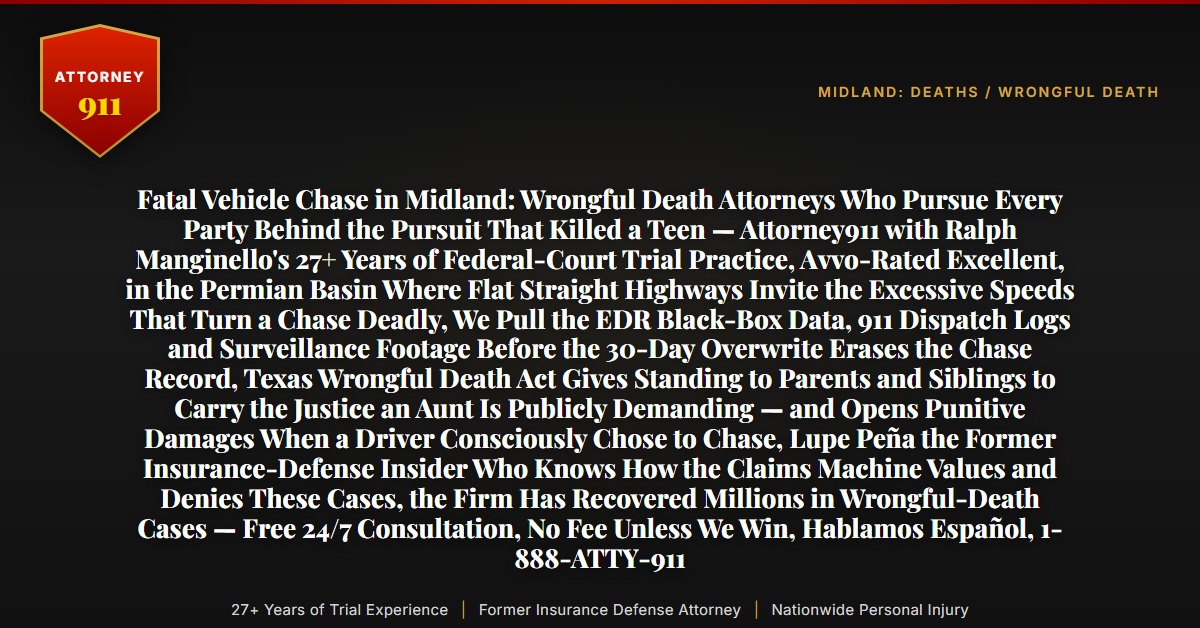 Fatal Vehicle Chase in Midland: Wrongful Death Attorneys Who Pursue Every Party Behind the Pursuit That Killed a Teen — Attorney911 with Ralph Manginello's 27+ Years of Federal-Court Trial Practice, Avvo-Rated Excellent, in the Permian Basin Where Flat Straight Highways Invite the Excessive Speeds That Turn a Chase Deadly, We Pull the EDR Black-Box Data, 911 Dispatch Logs and Surveillance Footage Before the 30-Day Overwrite Erases the Chase Record, Texas Wrongful Death Act Gives Standing to Parents and Siblings to Carry the Justice an Aunt Is Publicly Demanding — and Opens Punitive Damages When a Driver Consciously Chose to Chase, Lupe Peña the Former Insurance-Defense Insider Who Knows How the Claims Machine Values and Denies These Cases, the Firm Has Recovered Millions in Wrongful-Death Cases — Free 24/7 Consultation, No Fee Unless We Win, Hablamos Español, 1-888-ATTY-911 - Attorney911