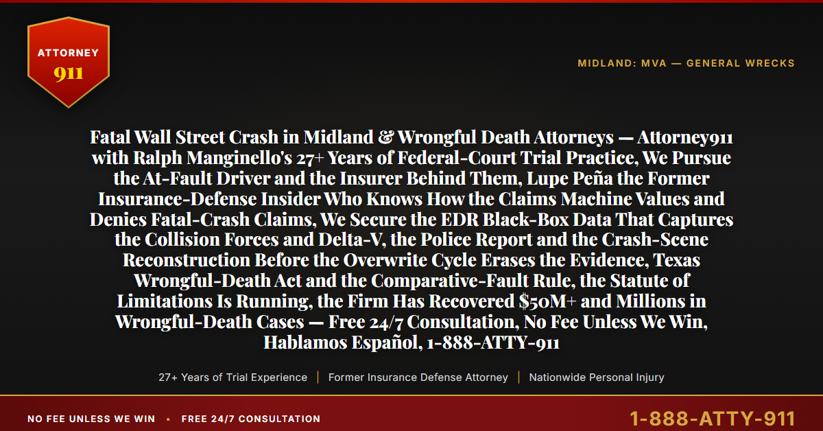 Fatal Wall Street Crash in Midland & Wrongful Death Attorneys — Attorney911 with Ralph Manginello's 27+ Years of Federal-Court Trial Practice, We Pursue the At-Fault Driver and the Insurer Behind Them, Lupe Peña the Former Insurance-Defense Insider Who Knows How the Claims Machine Values and Denies Fatal-Crash Claims, We Secure the EDR Black-Box Data That Captures the Collision Forces and Delta-V, the Police Report and the Crash-Scene Reconstruction Before the Overwrite Cycle Erases the Evidence, Texas Wrongful-Death Act and the Comparative-Fault Rule, the Statute of Limitations Is Running, the Firm Has Recovered $50M+ and Millions in Wrongful-Death Cases — Free 24/7 Consultation, No Fee Unless We Win, Hablamos Español, 1-888-ATTY-911 - Attorney911