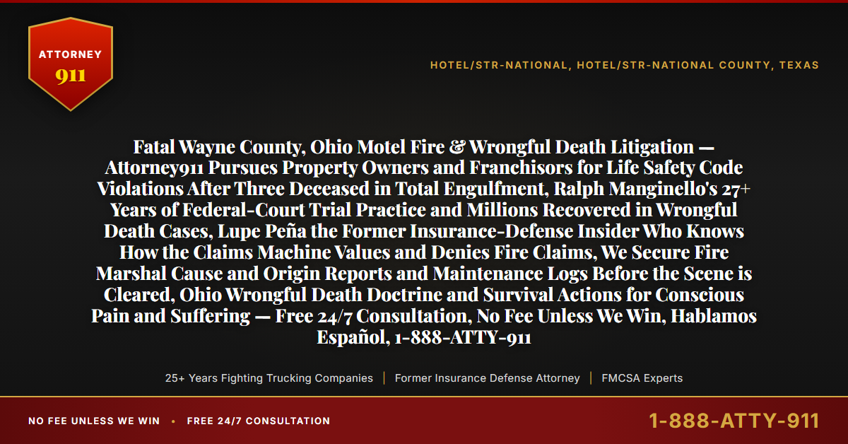 Fatal Wayne County, Ohio Motel Fire & Wrongful Death Litigation — Attorney911 Pursues Property Owners and Franchisors for Life Safety Code Violations After Three Deceased in Total Engulfment, Ralph Manginello's 27+ Years of Federal-Court Trial Practice and Millions Recovered in Wrongful Death Cases, Lupe Peña the Former Insurance-Defense Insider Who Knows How the Claims Machine Values and Denies Fire Claims, We Secure Fire Marshal Cause and Origin Reports and Maintenance Logs Before the Scene is Cleared, Ohio Wrongful Death Doctrine and Survival Actions for Conscious Pain and Suffering — Free 24/7 Consultation, No Fee Unless We Win, Hablamos Español, 1-888-ATTY-911 - Attorney911