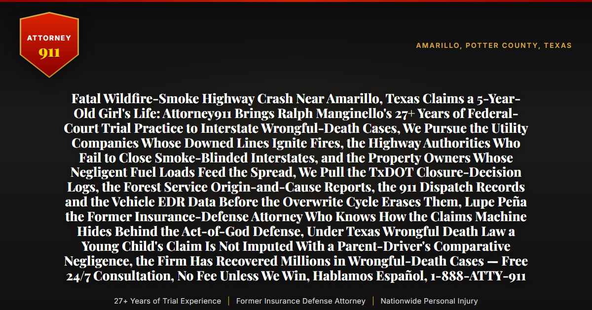 Fatal Wildfire-Smoke Highway Crash Near Amarillo, Texas Claims a 5-Year-Old Girl's Life: Attorney911 Brings Ralph Manginello's 27+ Years of Federal-Court Trial Practice to Interstate Wrongful-Death Cases, We Pursue the Utility Companies Whose Downed Lines Ignite Fires, the Highway Authorities Who Fail to Close Smoke-Blinded Interstates, and the Property Owners Whose Negligent Fuel Loads Feed the Spread, We Pull the TxDOT Closure-Decision Logs, the Forest Service Origin-and-Cause Reports, the 911 Dispatch Records and the Vehicle EDR Data Before the Overwrite Cycle Erases Them, Lupe Peña the Former Insurance-Defense Attorney Who Knows How the Claims Machine Hides Behind the Act-of-God Defense, Under Texas Wrongful Death Law a Young Child's Claim Is Not Imputed With a Parent-Driver's Comparative Negligence, the Firm Has Recovered Millions in Wrongful-Death Cases — Free 24/7 Consultation, No Fee Unless We Win, Hablamos Español, 1-888-ATTY-911 - Attorney911