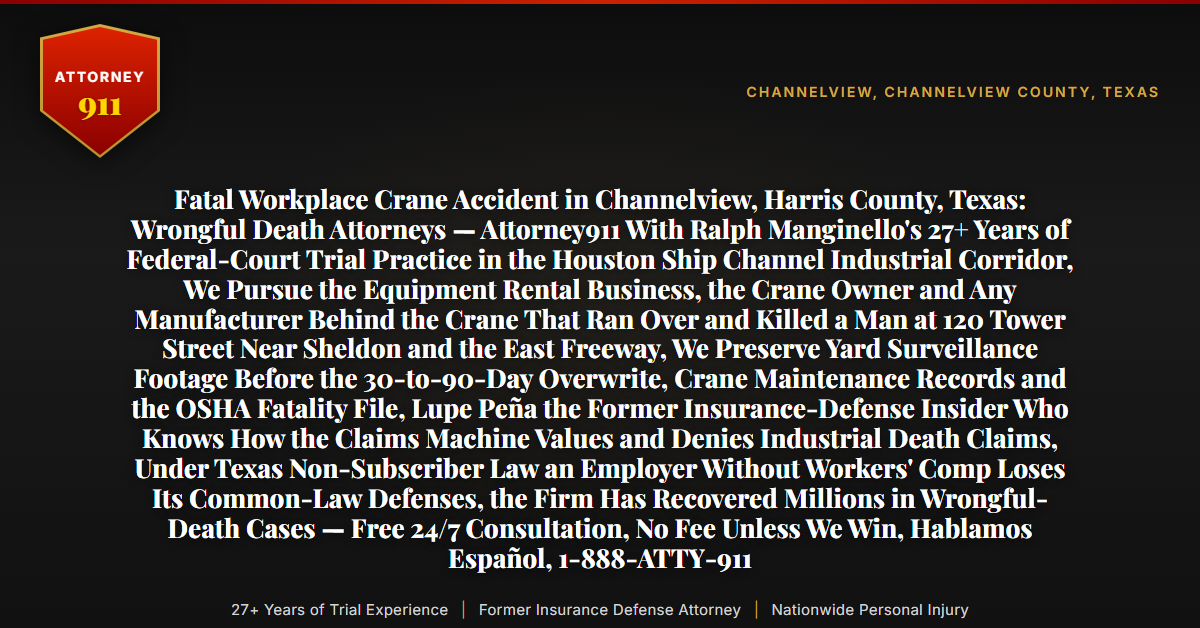 Fatal Workplace Crane Accident in Channelview, Harris County, Texas: Wrongful Death Attorneys — Attorney911 With Ralph Manginello's 27+ Years of Federal-Court Trial Practice in the Houston Ship Channel Industrial Corridor, We Pursue the Equipment Rental Business, the Crane Owner and Any Manufacturer Behind the Crane That Ran Over and Killed a Man at 120 Tower Street Near Sheldon and the East Freeway, We Preserve Yard Surveillance Footage Before the 30-to-90-Day Overwrite, Crane Maintenance Records and the OSHA Fatality File, Lupe Peña the Former Insurance-Defense Insider Who Knows How the Claims Machine Values and Denies Industrial Death Claims, Under Texas Non-Subscriber Law an Employer Without Workers' Comp Loses Its Common-Law Defenses, the Firm Has Recovered Millions in Wrongful-Death Cases — Free 24/7 Consultation, No Fee Unless We Win, Hablamos Español, 1-888-ATTY-911 - Attorney911