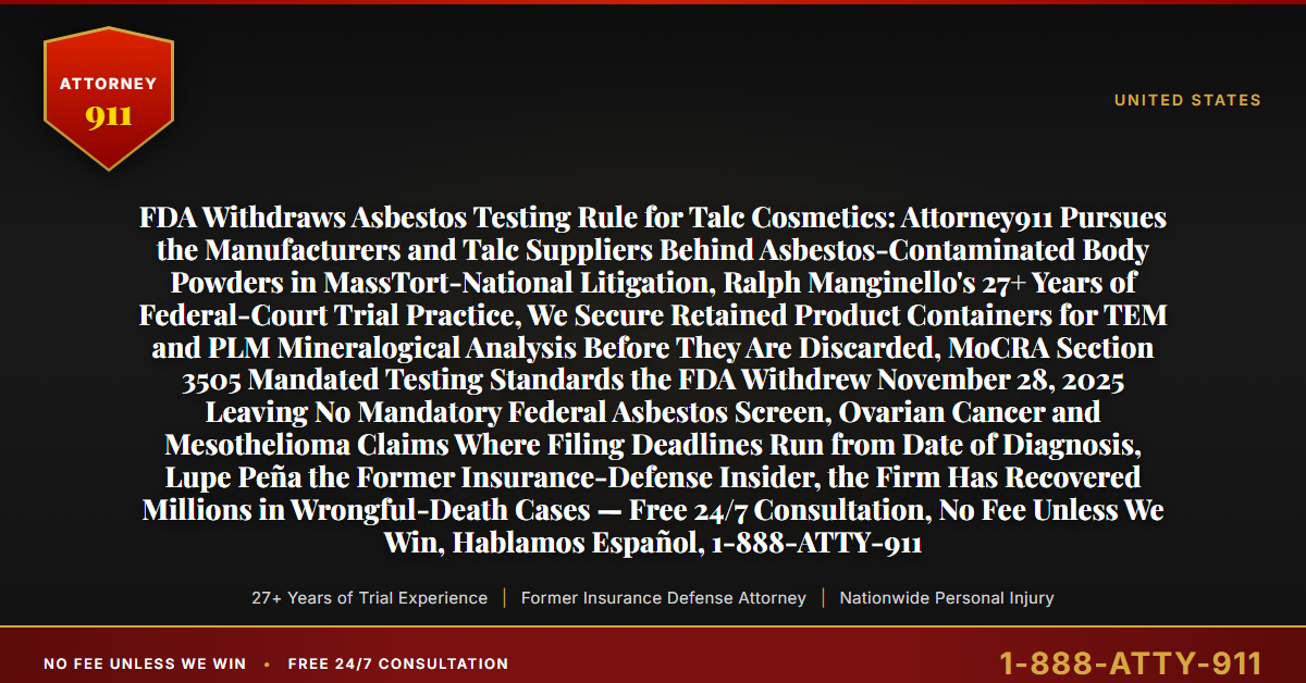 FDA Withdraws Asbestos Testing Rule for Talc Cosmetics: Attorney911 Pursues the Manufacturers and Talc Suppliers Behind Asbestos-Contaminated Body Powders in MassTort-National Litigation, Ralph Manginello's 27+ Years of Federal-Court Trial Practice, We Secure Retained Product Containers for TEM and PLM Mineralogical Analysis Before They Are Discarded, MoCRA Section 3505 Mandated Testing Standards the FDA Withdrew November 28, 2025 Leaving No Mandatory Federal Asbestos Screen, Ovarian Cancer and Mesothelioma Claims Where Filing Deadlines Run from Date of Diagnosis, Lupe Peña the Former Insurance-Defense Insider, the Firm Has Recovered Millions in Wrongful-Death Cases — Free 24/7 Consultation, No Fee Unless We Win, Hablamos Español, 1-888-ATTY-911 - Attorney911