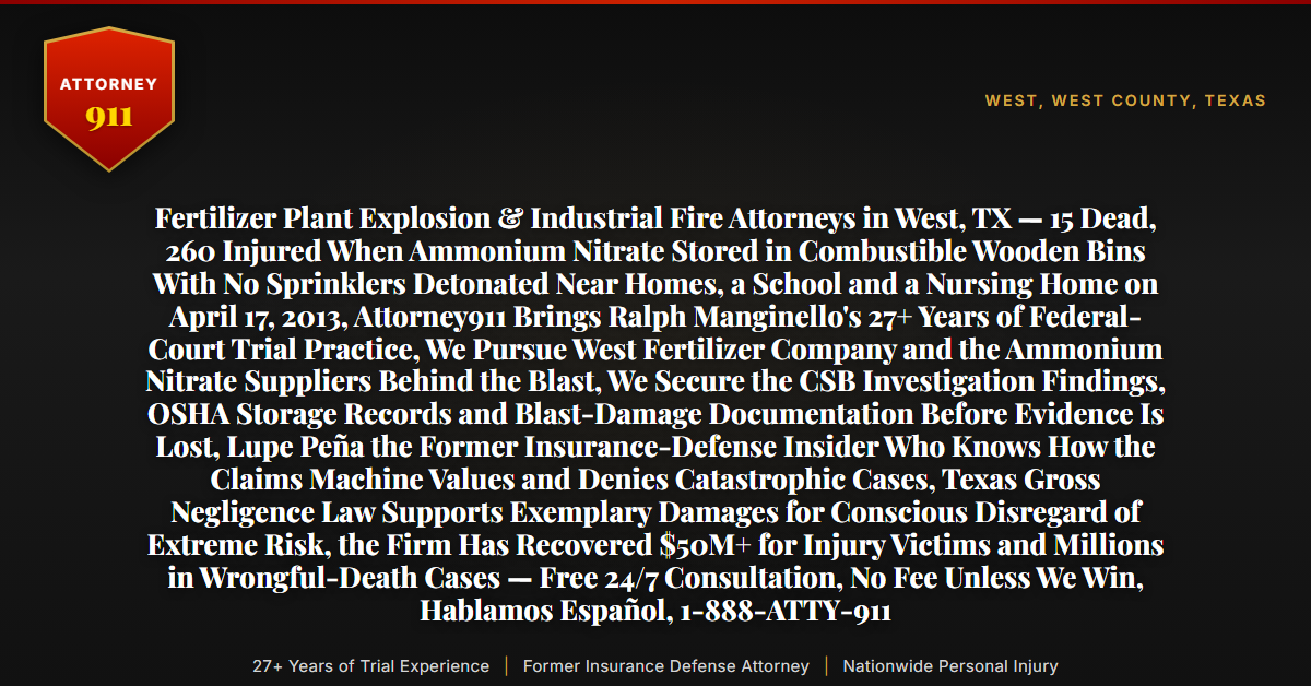 Fertilizer Plant Explosion & Industrial Fire Attorneys in West, TX — 15 Dead, 260 Injured When Ammonium Nitrate Stored in Combustible Wooden Bins With No Sprinklers Detonated Near Homes, a School and a Nursing Home on April 17, 2013, Attorney911 Brings Ralph Manginello's 27+ Years of Federal-Court Trial Practice, We Pursue West Fertilizer Company and the Ammonium Nitrate Suppliers Behind the Blast, We Secure the CSB Investigation Findings, OSHA Storage Records and Blast-Damage Documentation Before Evidence Is Lost, Lupe Peña the Former Insurance-Defense Insider Who Knows How the Claims Machine Values and Denies Catastrophic Cases, Texas Gross Negligence Law Supports Exemplary Damages for Conscious Disregard of Extreme Risk, the Firm Has Recovered $50M+ for Injury Victims and Millions in Wrongful-Death Cases — Free 24/7 Consultation, No Fee Unless We Win, Hablamos Español, 1-888-ATTY-911 - Attorney911