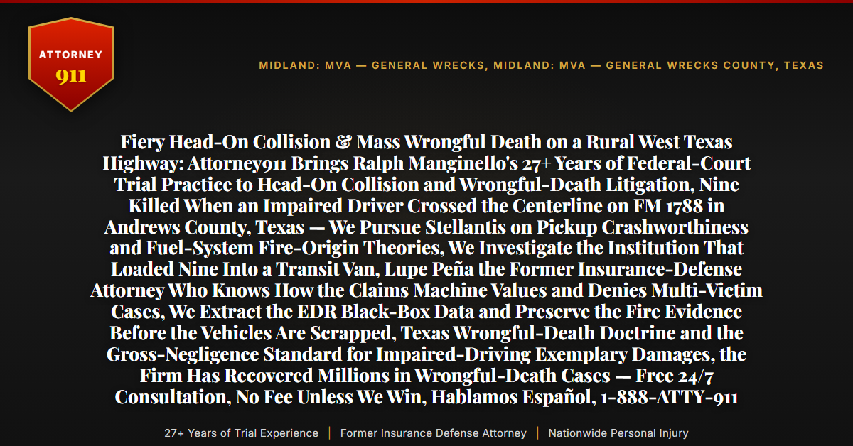 Fiery Head-On Collision & Mass Wrongful Death on a Rural West Texas Highway: Attorney911 Brings Ralph Manginello's 27+ Years of Federal-Court Trial Practice to Head-On Collision and Wrongful-Death Litigation, Nine Killed When an Impaired Driver Crossed the Centerline on FM 1788 in Andrews County, Texas — We Pursue Stellantis on Pickup Crashworthiness and Fuel-System Fire-Origin Theories, We Investigate the Institution That Loaded Nine Into a Transit Van, Lupe Peña the Former Insurance-Defense Attorney Who Knows How the Claims Machine Values and Denies Multi-Victim Cases, We Extract the EDR Black-Box Data and Preserve the Fire Evidence Before the Vehicles Are Scrapped, Texas Wrongful-Death Doctrine and the Gross-Negligence Standard for Impaired-Driving Exemplary Damages, the Firm Has Recovered Millions in Wrongful-Death Cases — Free 24/7 Consultation, No Fee Unless We Win, Hablamos Español, 1-888-ATTY-911 - Attorney911
