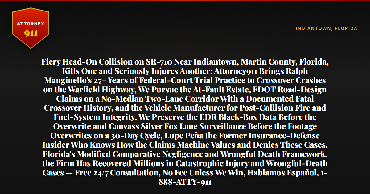 Fiery Head-On Collision on SR-710 Near Indiantown, Martin County, Florida, Kills One and Seriously Injures Another: Attorney911 Brings Ralph Manginello's 27+ Years of Federal-Court Trial Practice to Crossover Crashes on the Warfield Highway, We Pursue the At-Fault Estate, FDOT Road-Design Claims on a No-Median Two-Lane Corridor With a Documented Fatal Crossover History, and the Vehicle Manufacturer for Post-Collision Fire and Fuel-System Integrity, We Preserve the EDR Black-Box Data Before the Overwrite and Canvass Silver Fox Lane Surveillance Before the Footage Overwrites on a 30-Day Cycle, Lupe Peña the Former Insurance-Defense Insider Who Knows How the Claims Machine Values and Denies These Cases, Florida's Modified Comparative Negligence and Wrongful Death Framework, the Firm Has Recovered Millions in Catastrophic Injury and Wrongful-Death Cases — Free 24/7 Consultation, No Fee Unless We Win, Hablamos Español, 1-888-ATTY-911 - Attorney911